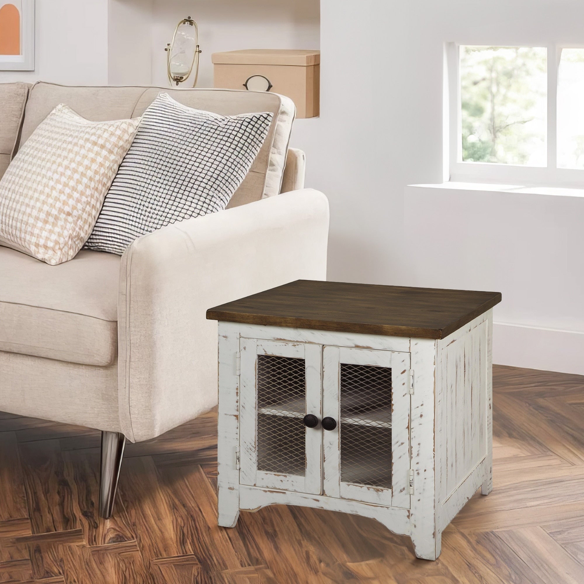 Two Tone Wooden End Table With Metal Grill Cabinet Brown And White