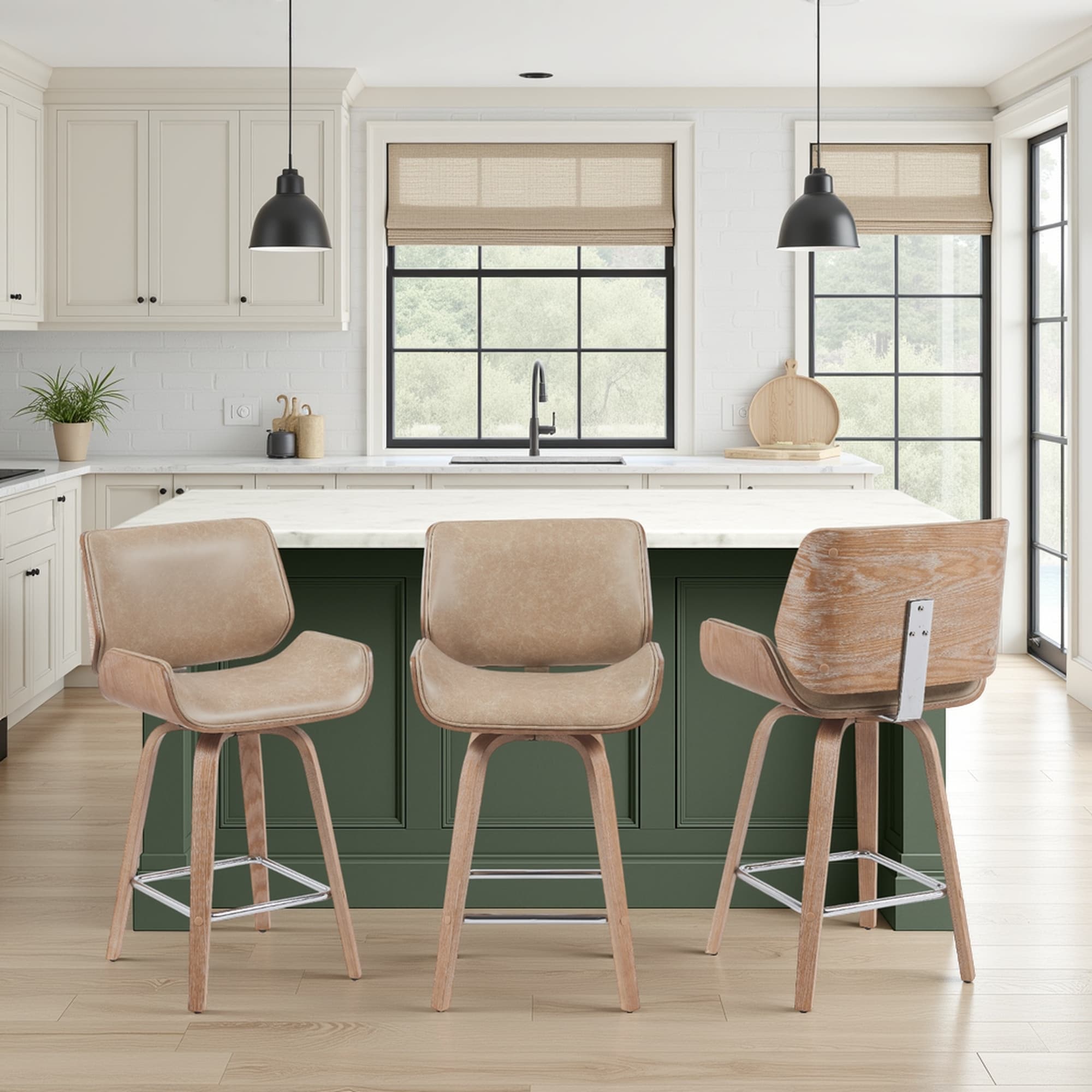 Armen Living Tyler Mid Century Swivel Barstool In Brown Faux Leather With Walnut Veneer
