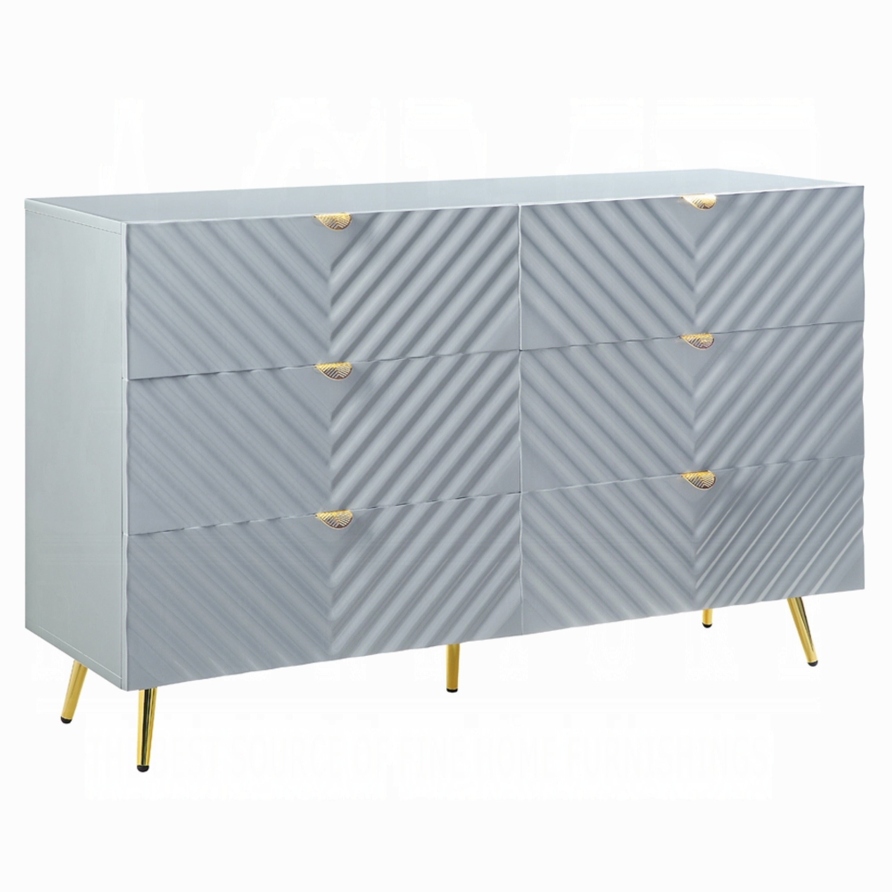 Tyra Dresser 55 Inch 6 Wave Patterned Drawers With Gold Handles Gray