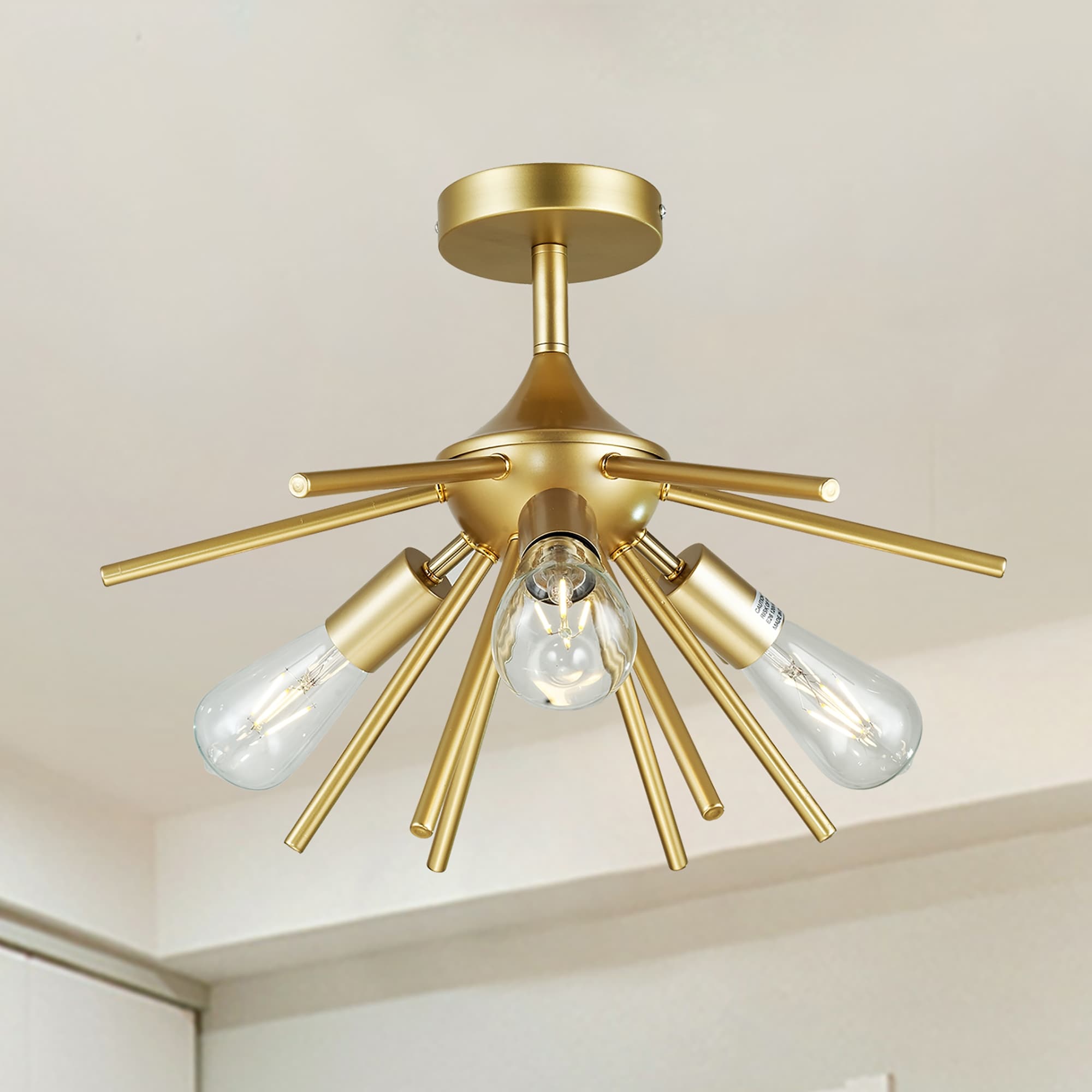 Tyra Gold 3 Light Mid Century Modern Sputnik Semi Flush Mount