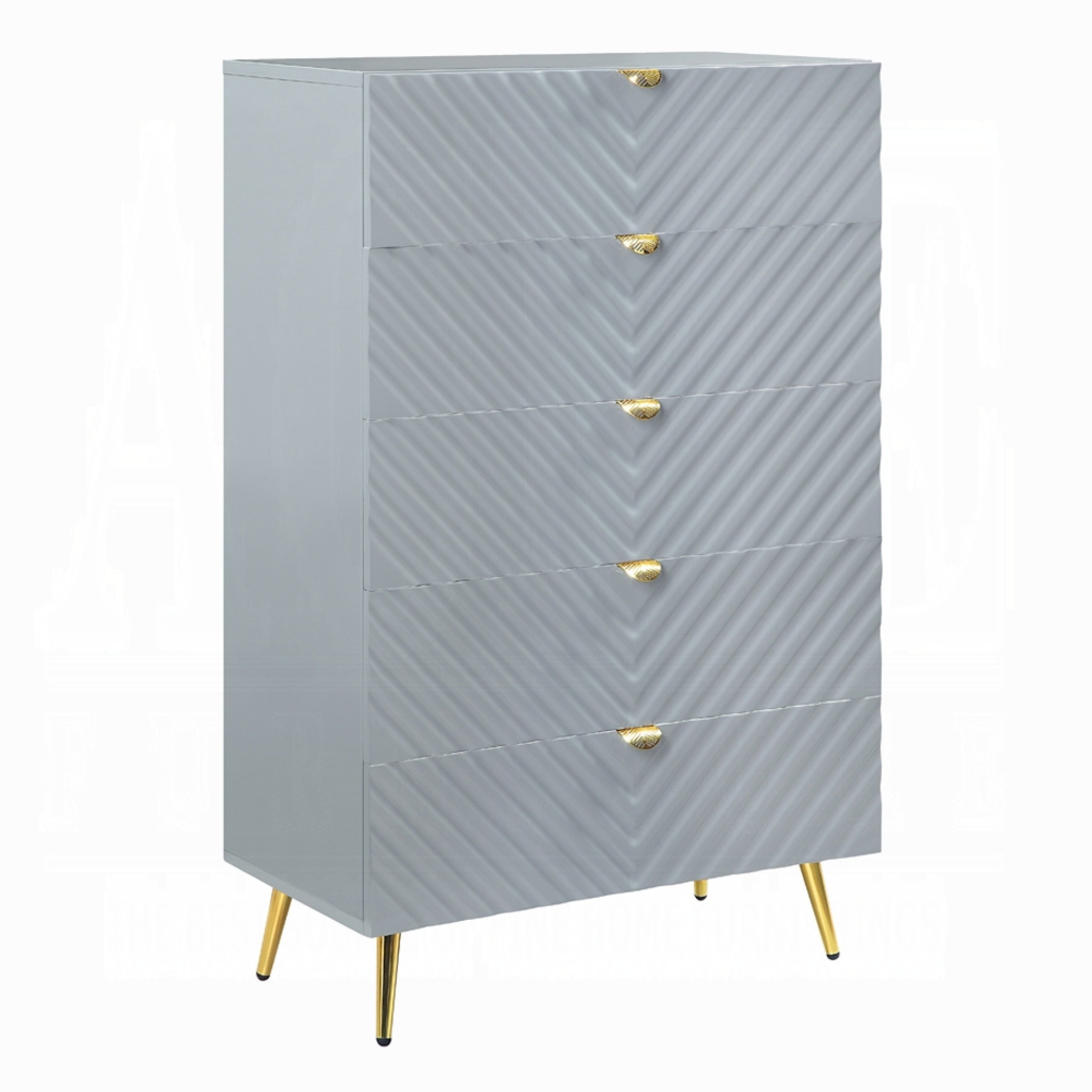 Tyra Tall Dresser Chest 5 Wave Pattern Drawers With Gold Handles Gray