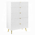 Tyra Tall Dresser Chest 5 Wave Pattern Drawers With Gold Handles White