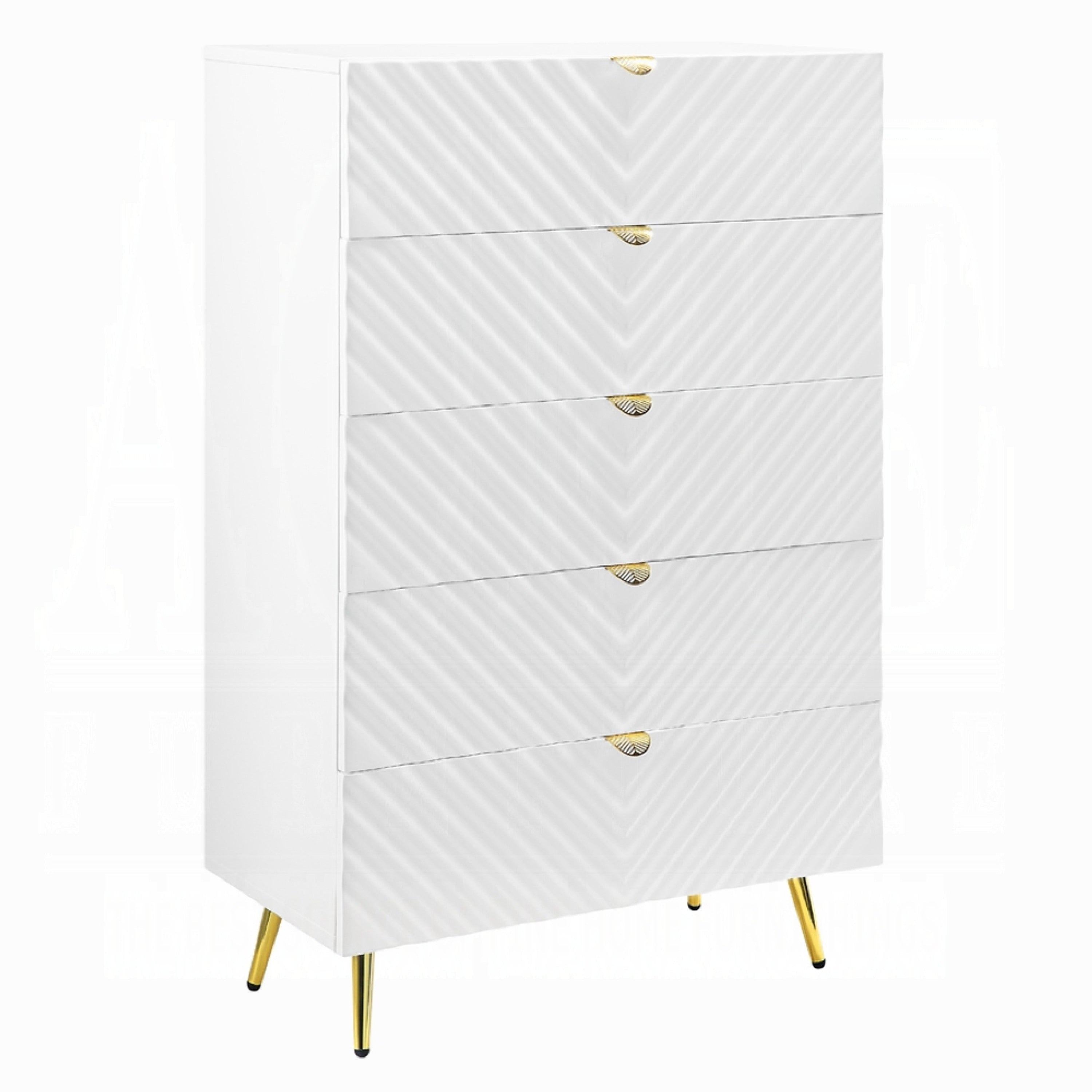 Tyra Tall Dresser Chest 5 Wave Pattern Drawers With Gold Handles White