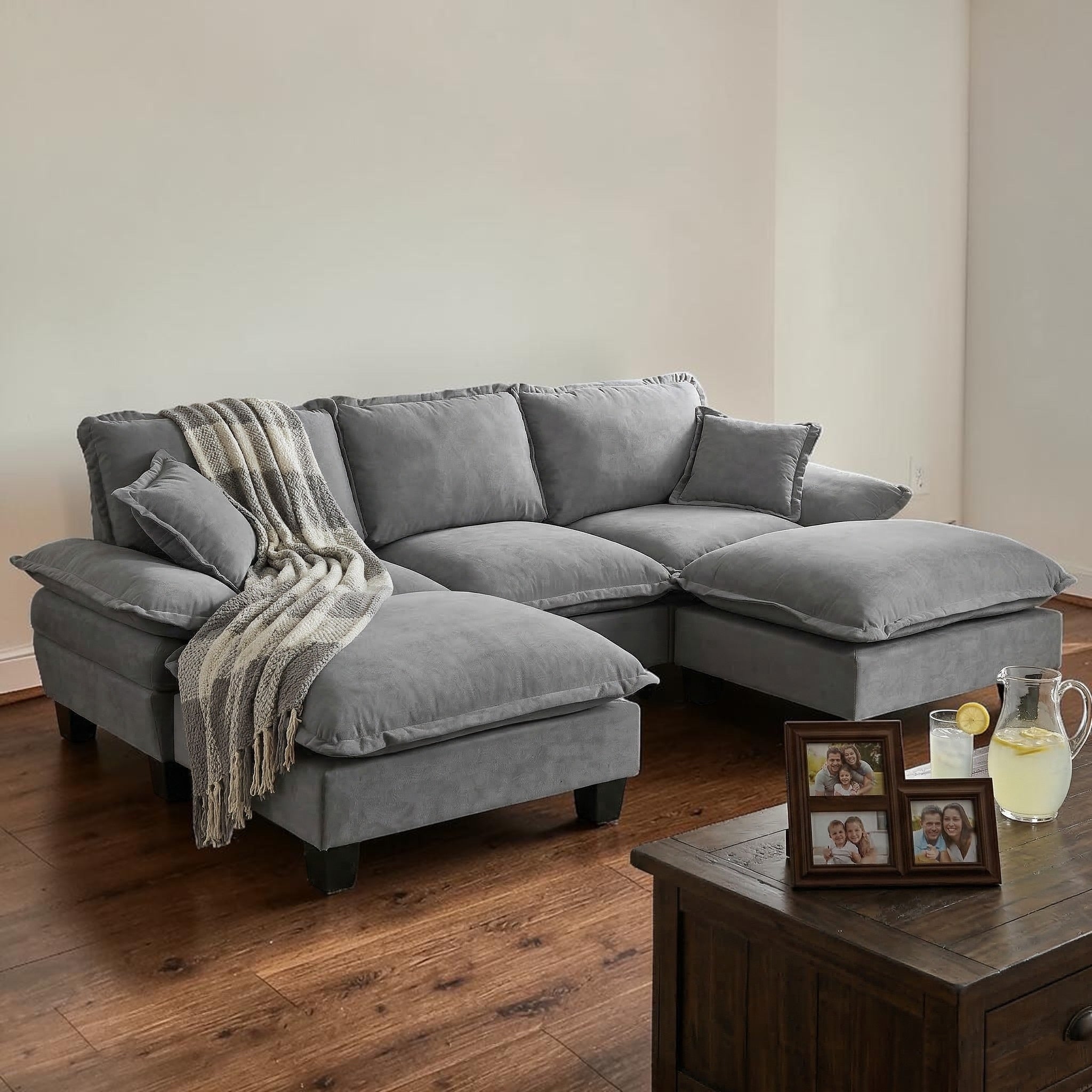 U Shape Modular Sectional Sofa With Ottomans Chenille Cloud Couch With Sailboat Design