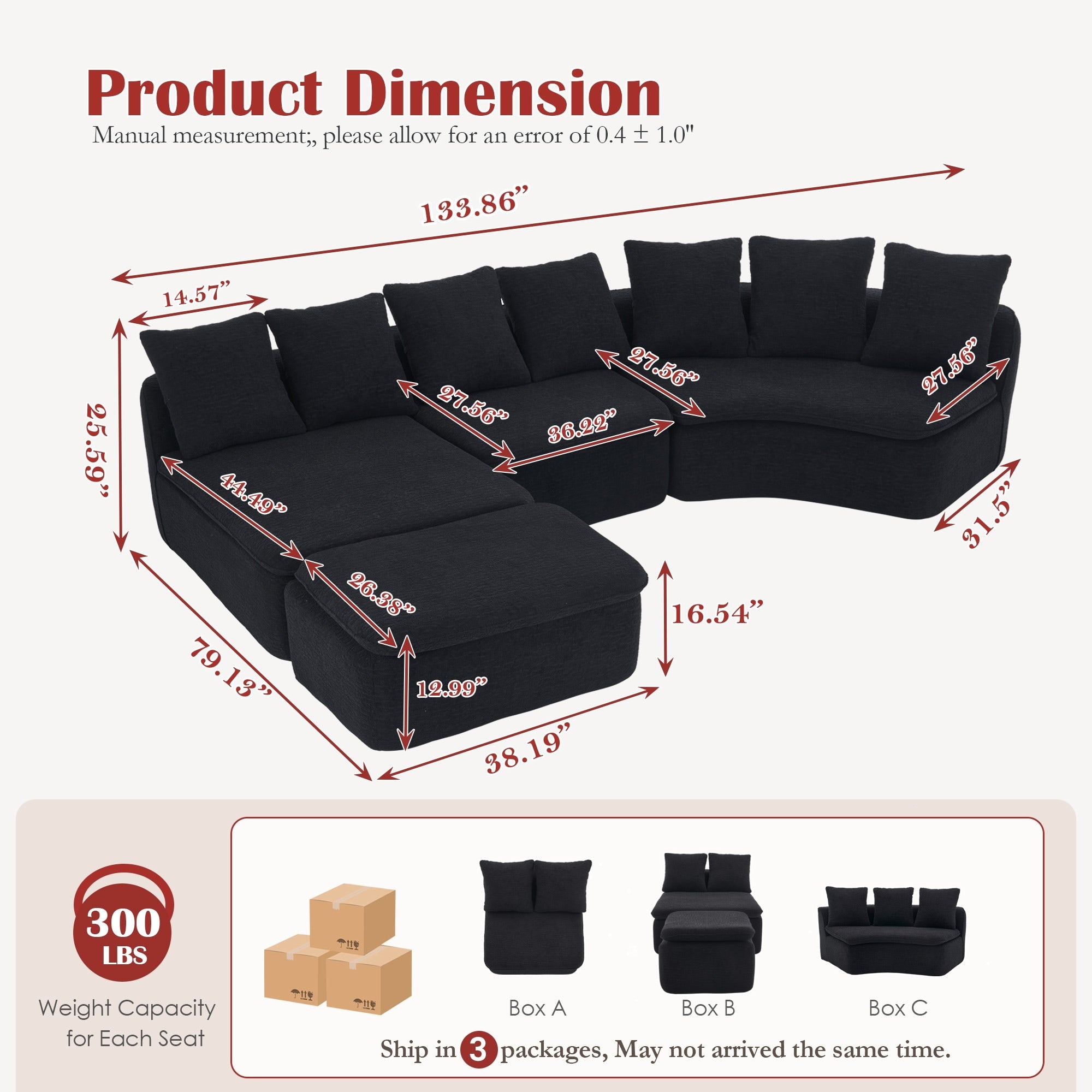U Shaped Modular Sectional Sofa With Ottoman Woodgrain Chenille Deep Seat Boneless Couch Compression Sofa With Pillows