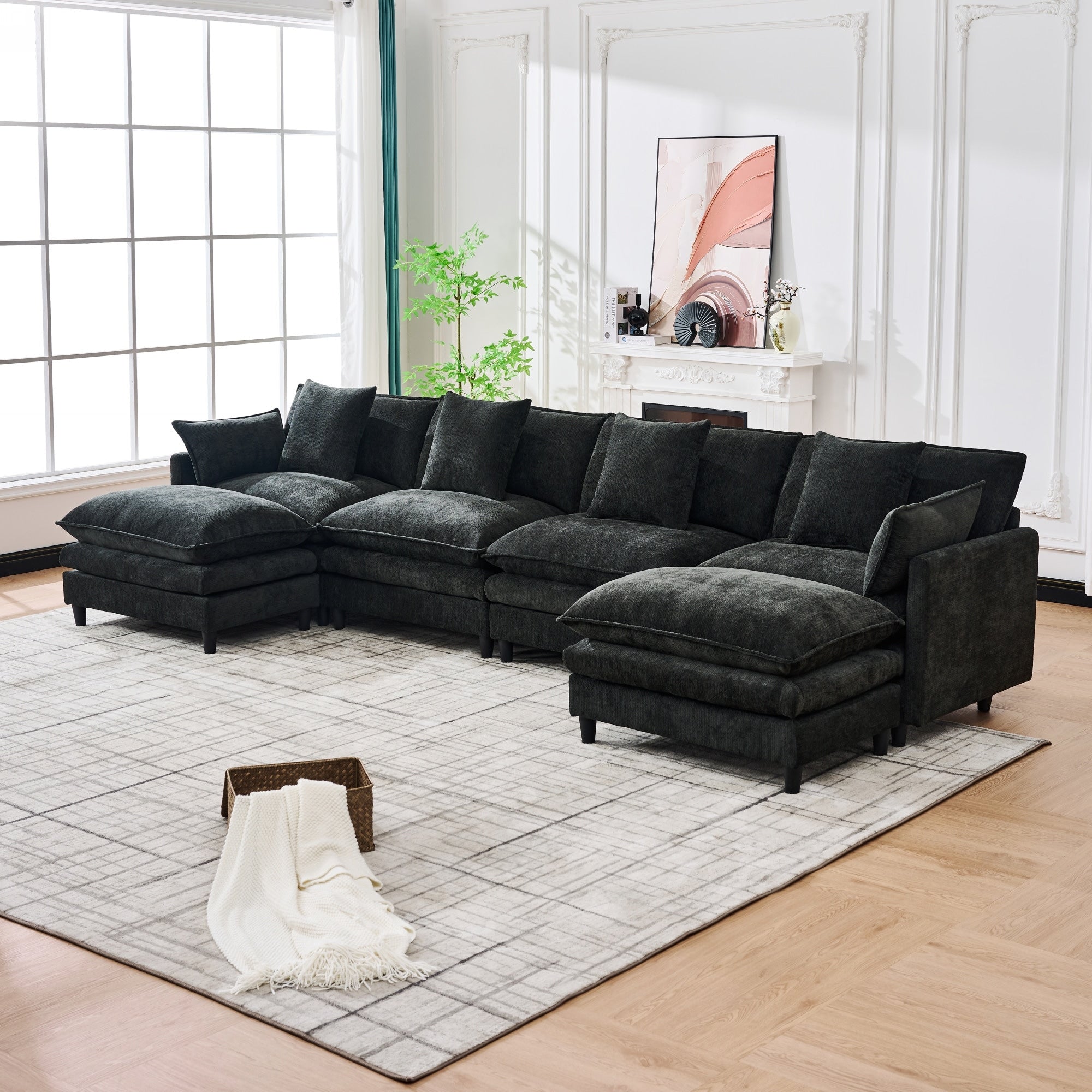 U Shaped Modular Sectional Sofa Comfy Deep Seat Cloud Couch With 2 Movable Ottomans Large 4 Seat Sofa With Pillows