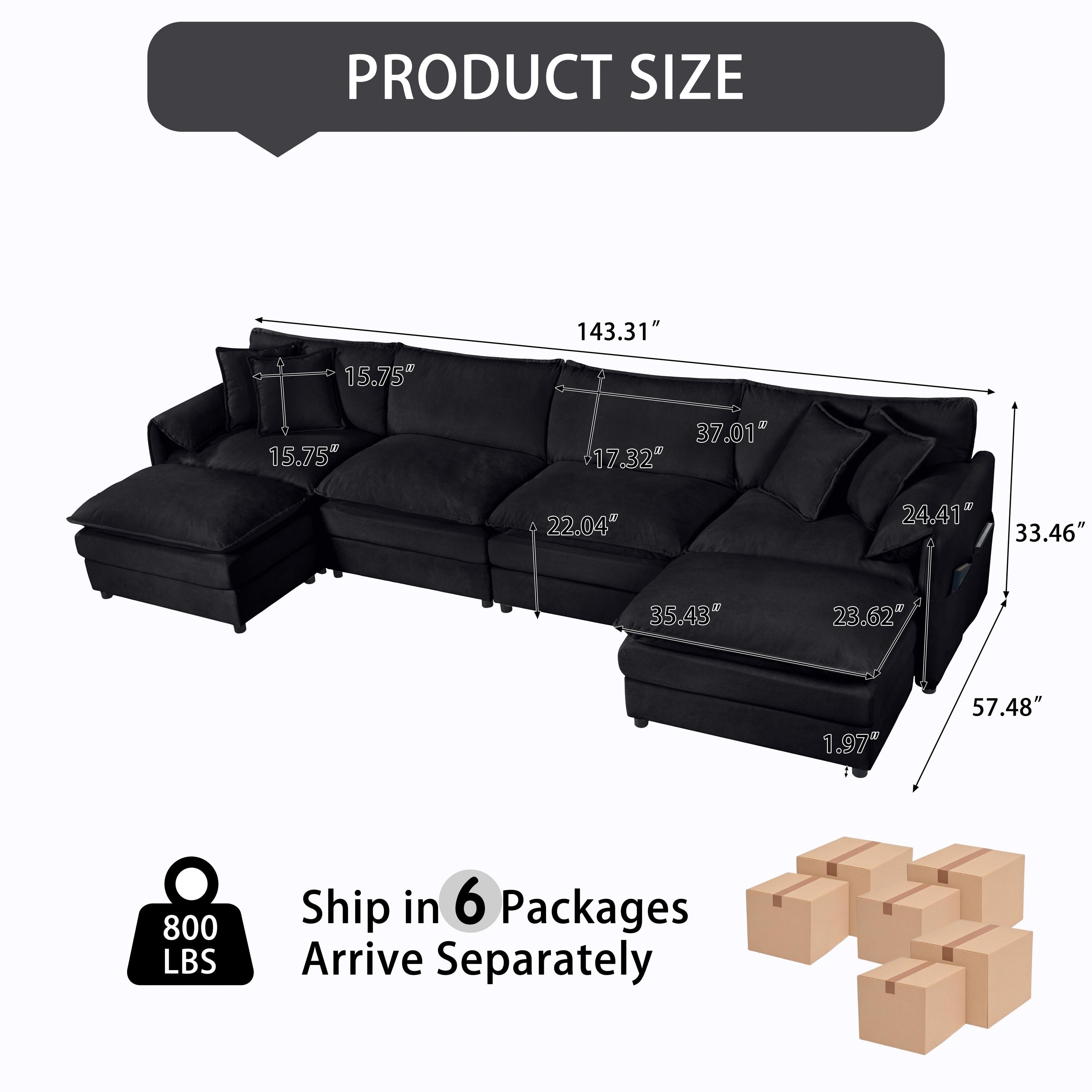 U Shaped Modular Sectional Sofa Oversized Chenille Deep Seat Cloud Couch Comfy 4 Seater Sofa With 2 Movable Ottomans