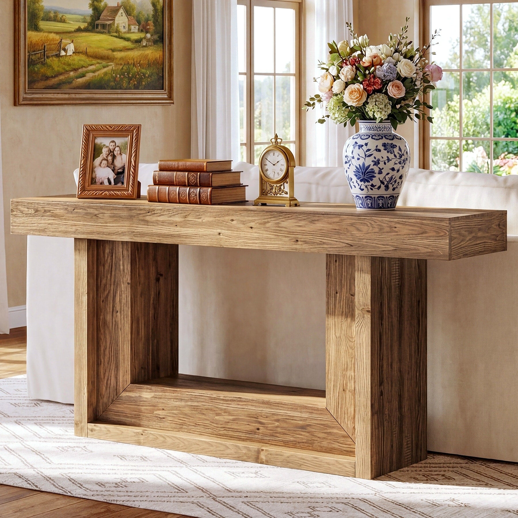U Shaped Solid Wood Console Table 63 Inch Farmhouse Entryway Table