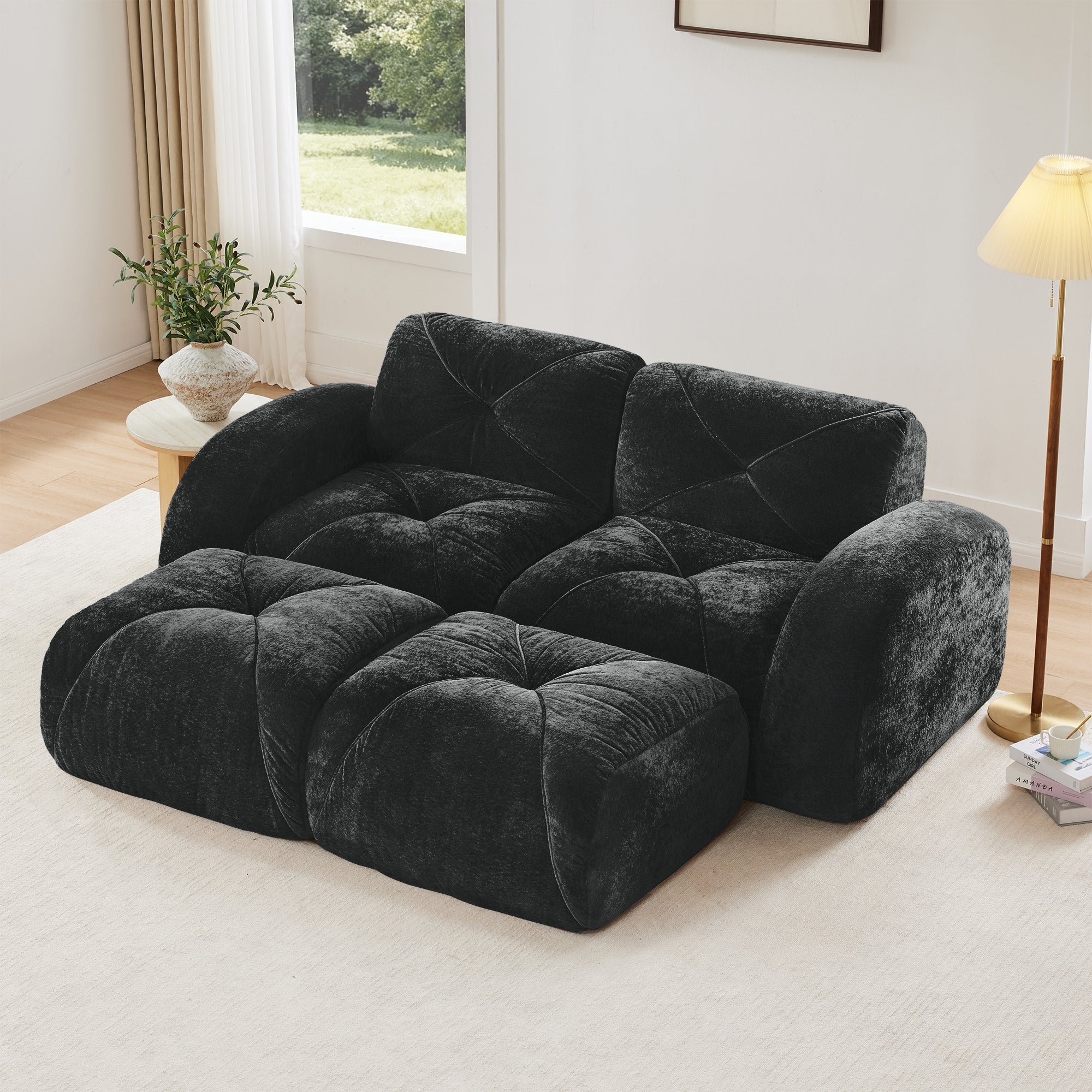 U Shaped Boneless Sofa Soft Velvet Fabric Tufted Design 32D High Density Sponge No Assembly Required