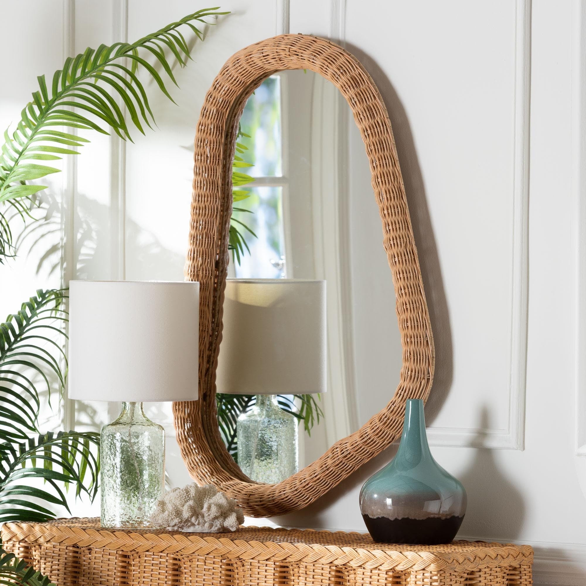 Ulrica Natural Rattan Wall Mirror Handwoven Wicker Irregular Shape Accent Mirror For Living Room Bedroom Or Entryway Honey