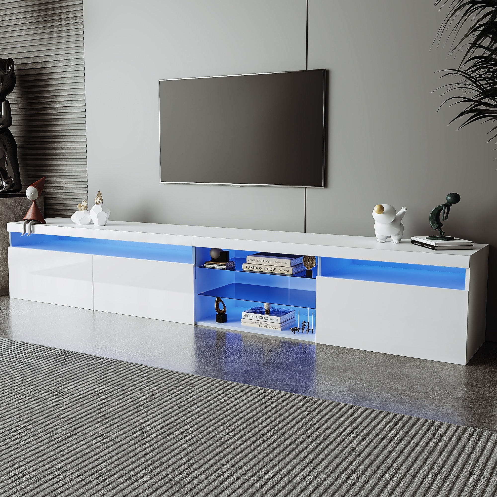 Unique Design Tv Stand With 2 Glass Shelves Ample Storage Space Media Console For Tvs Up To 105