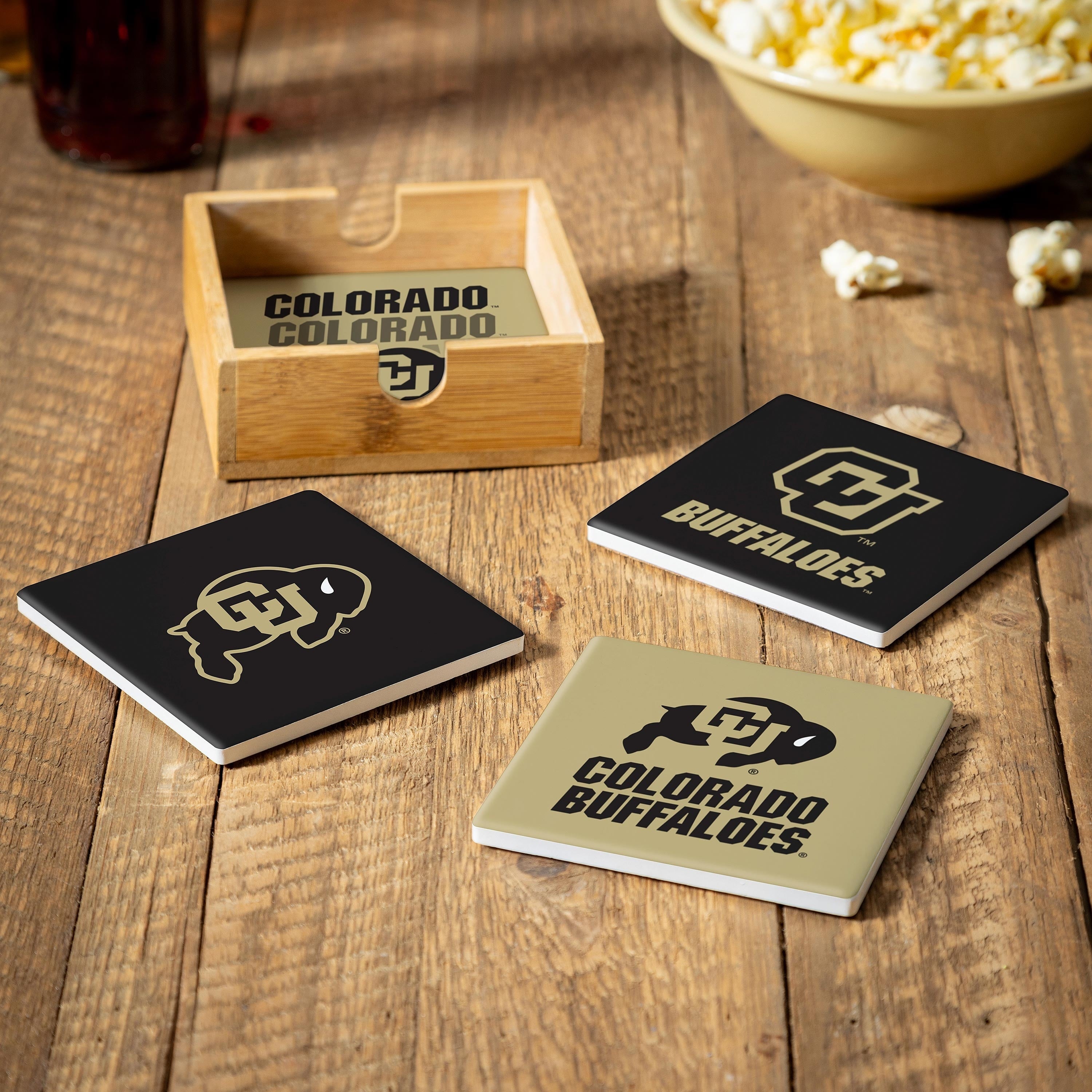 University Of Colorado 4 Piece Ceramic Coasters Set With Wood Caddy