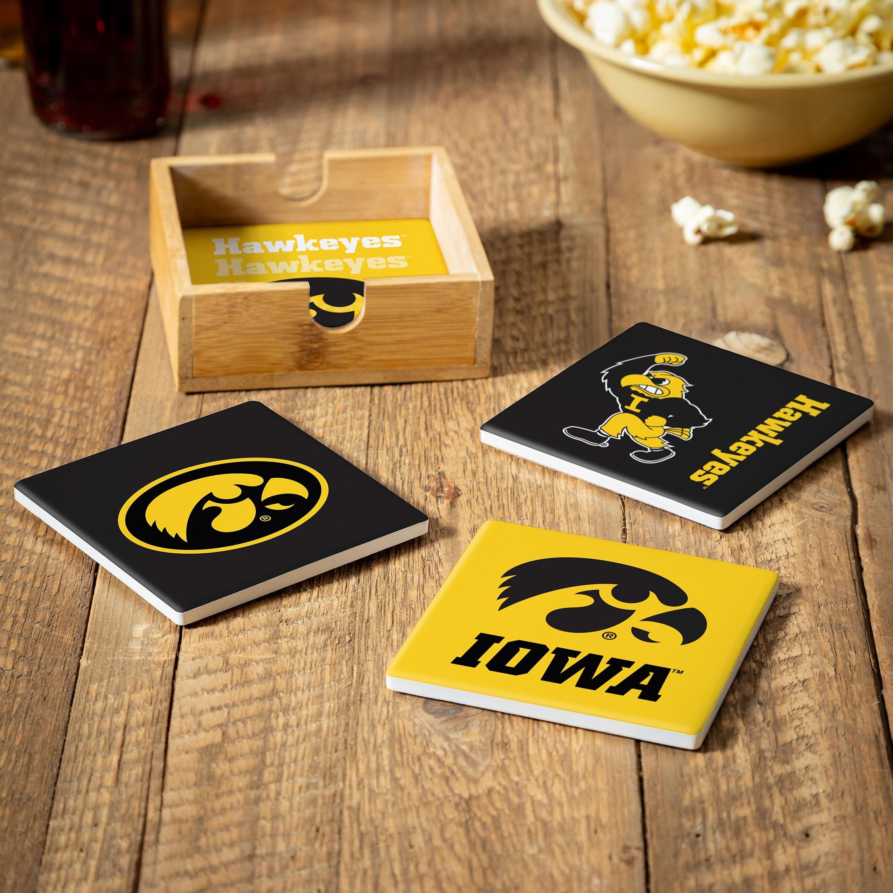 University Of Iowa 4 Piece Ceramic Coasters Set With Wood Caddy
