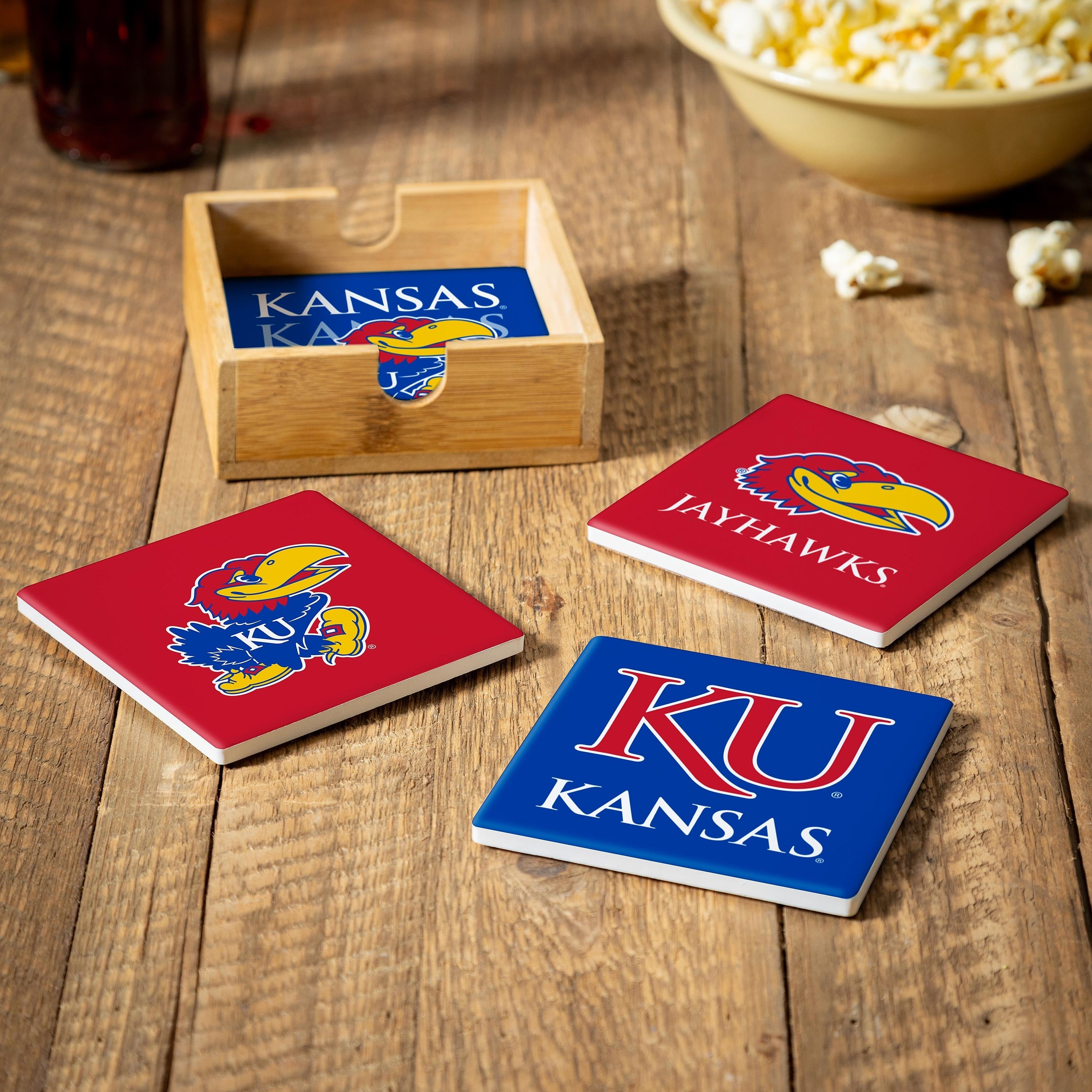 University Of Kansas 4 Piece Ceramic Coasters Set With Wood Caddy