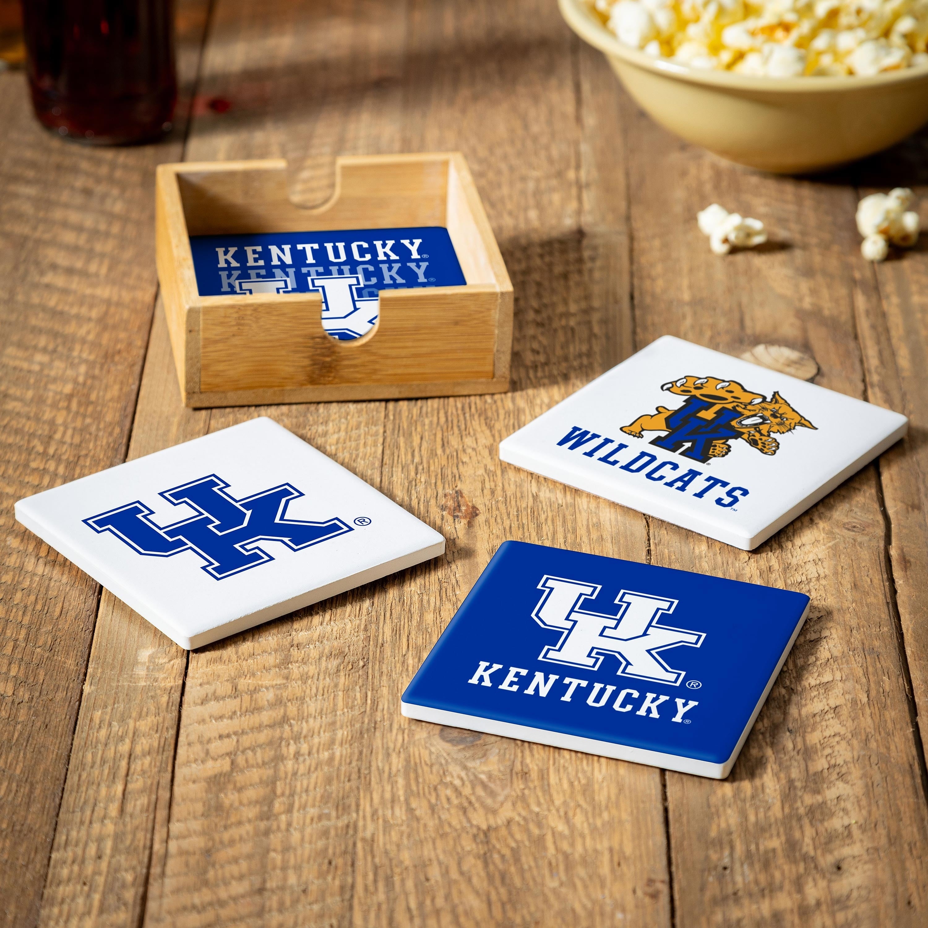 University Of Kentucky 4 Piece Ceramic Coasters Set With Wood Caddy
