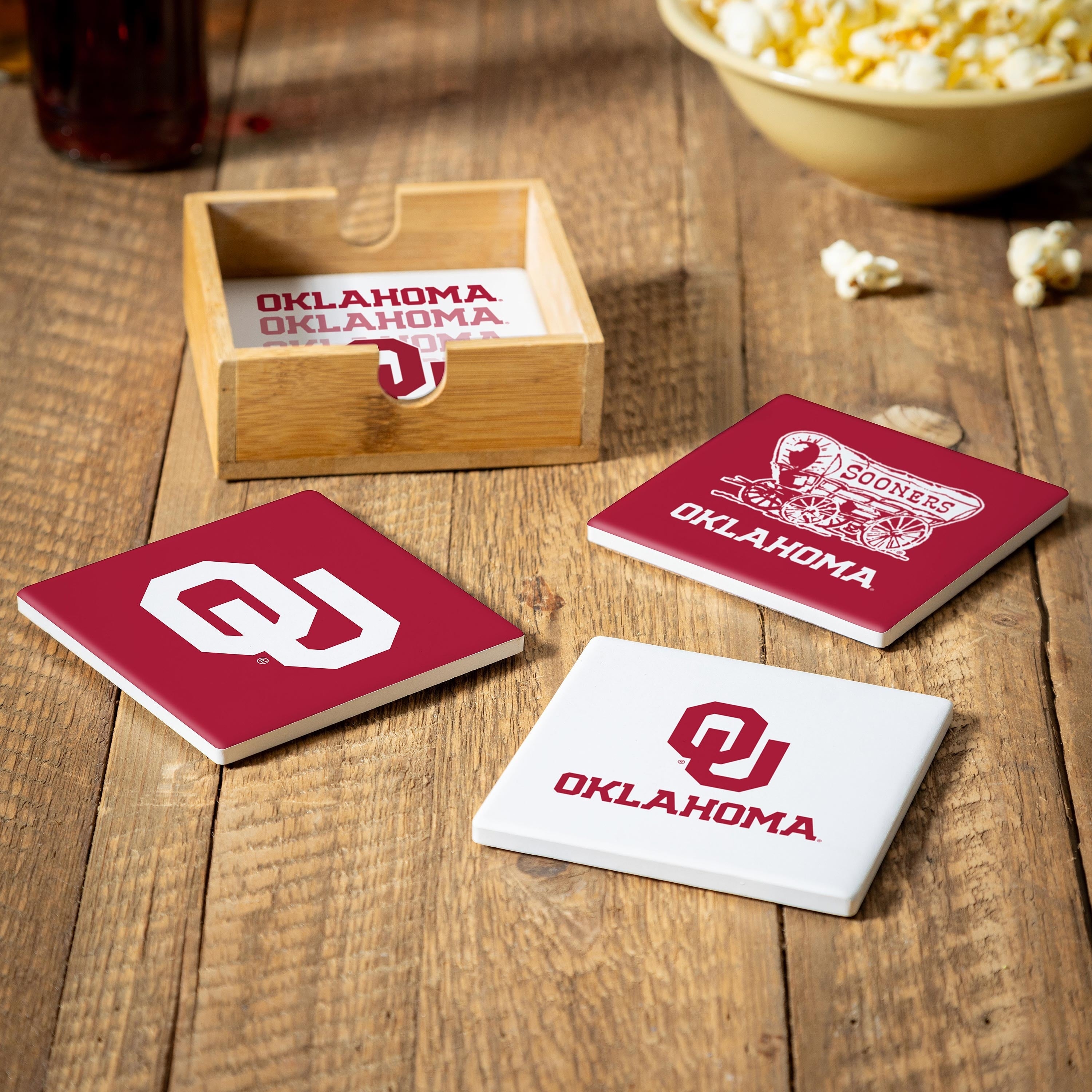 University Of Oklahoma 4 Piece Ceramic Coasters Set With Wood Caddy