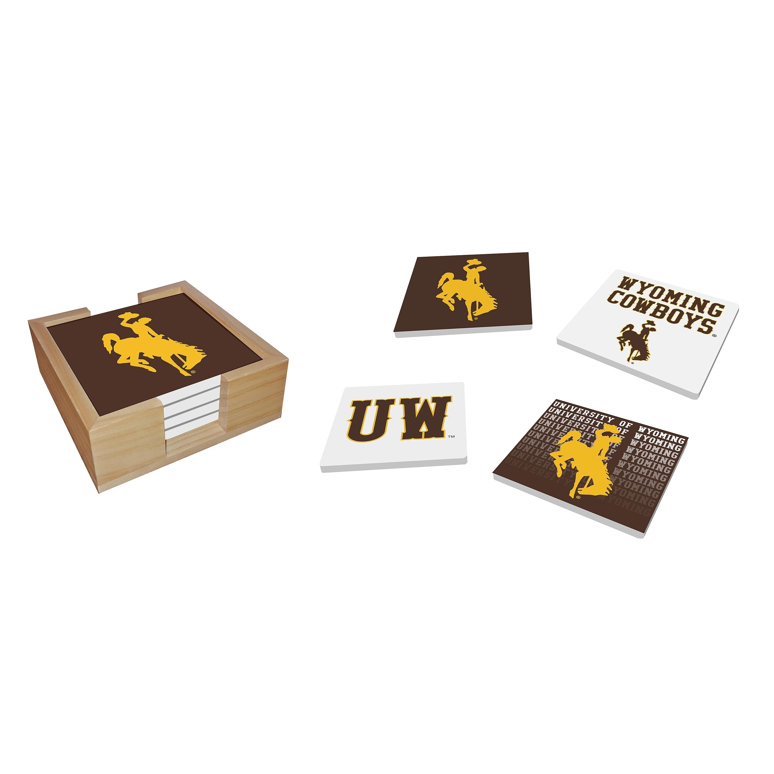 University Of Wyoming 4 Piece Ceramic Coasters Set With Wood Caddy