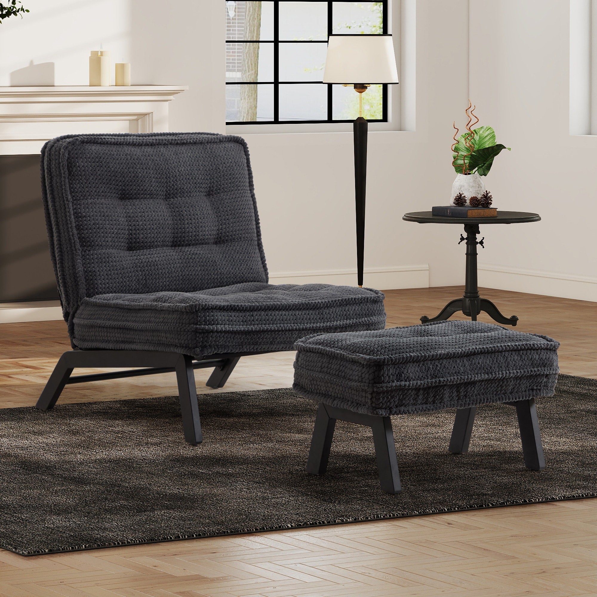 Upholstered Accent Chair With Ottoman Armless Lounge Chair For Bedroom And Living Room Comfortable Padded Seat With Wood Legs