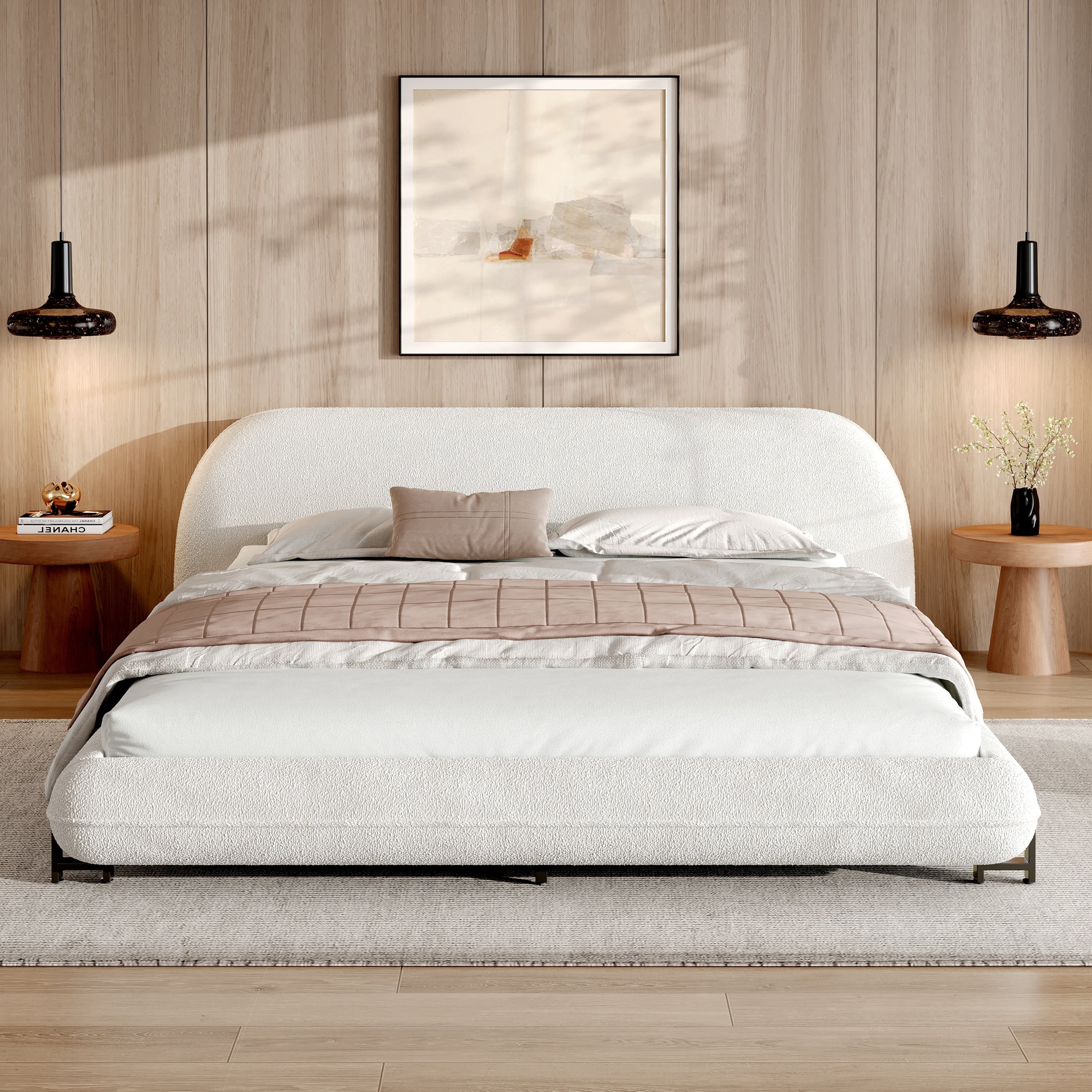 Upholstered Bed Ground Bed With Curved Headboard White Boucle
