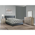 Upholstered Bed Set Nailhead Trim Plastic Legs Blue Gray Finish