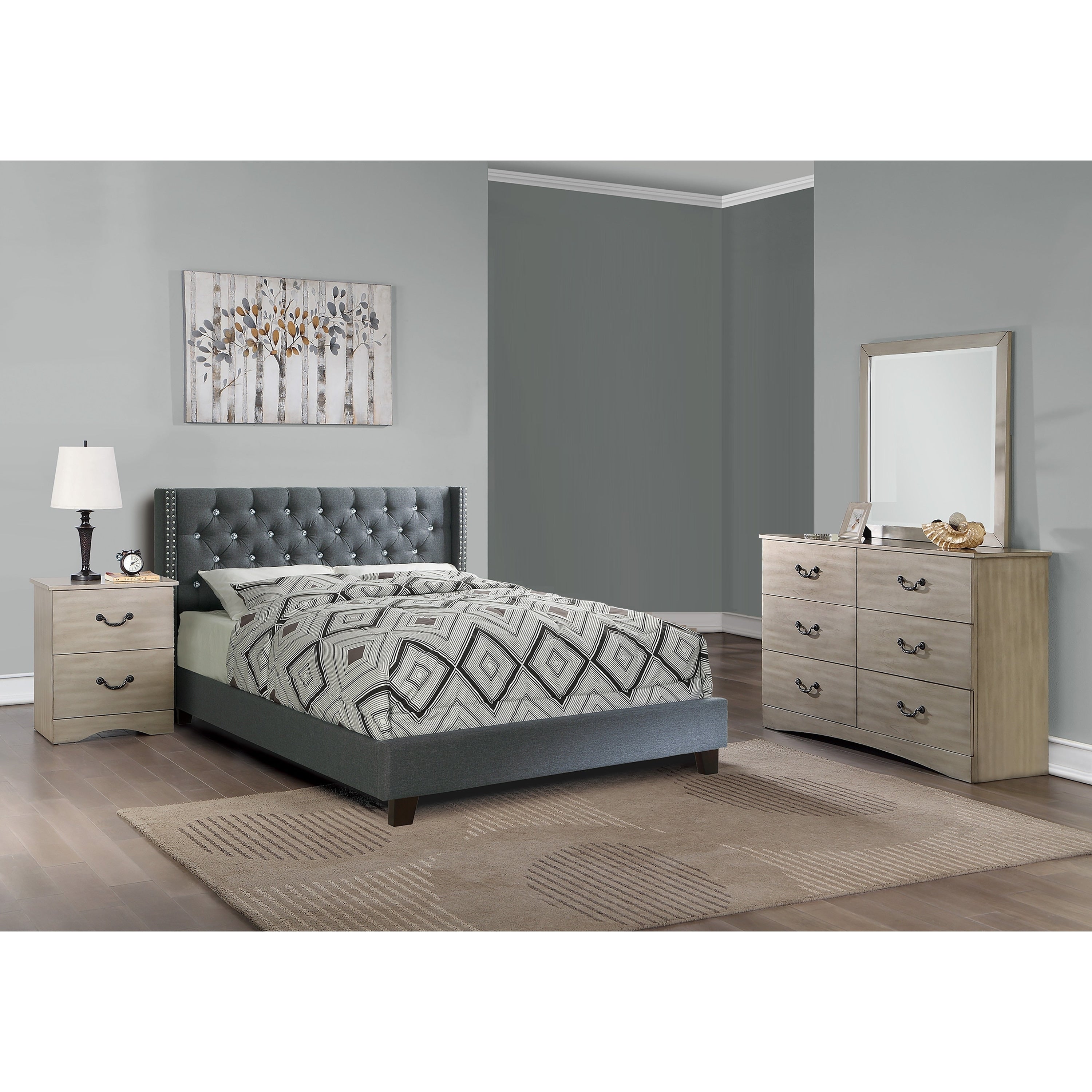Upholstered Bed Set Nailhead Trim Plastic Legs Blue Gray Finish