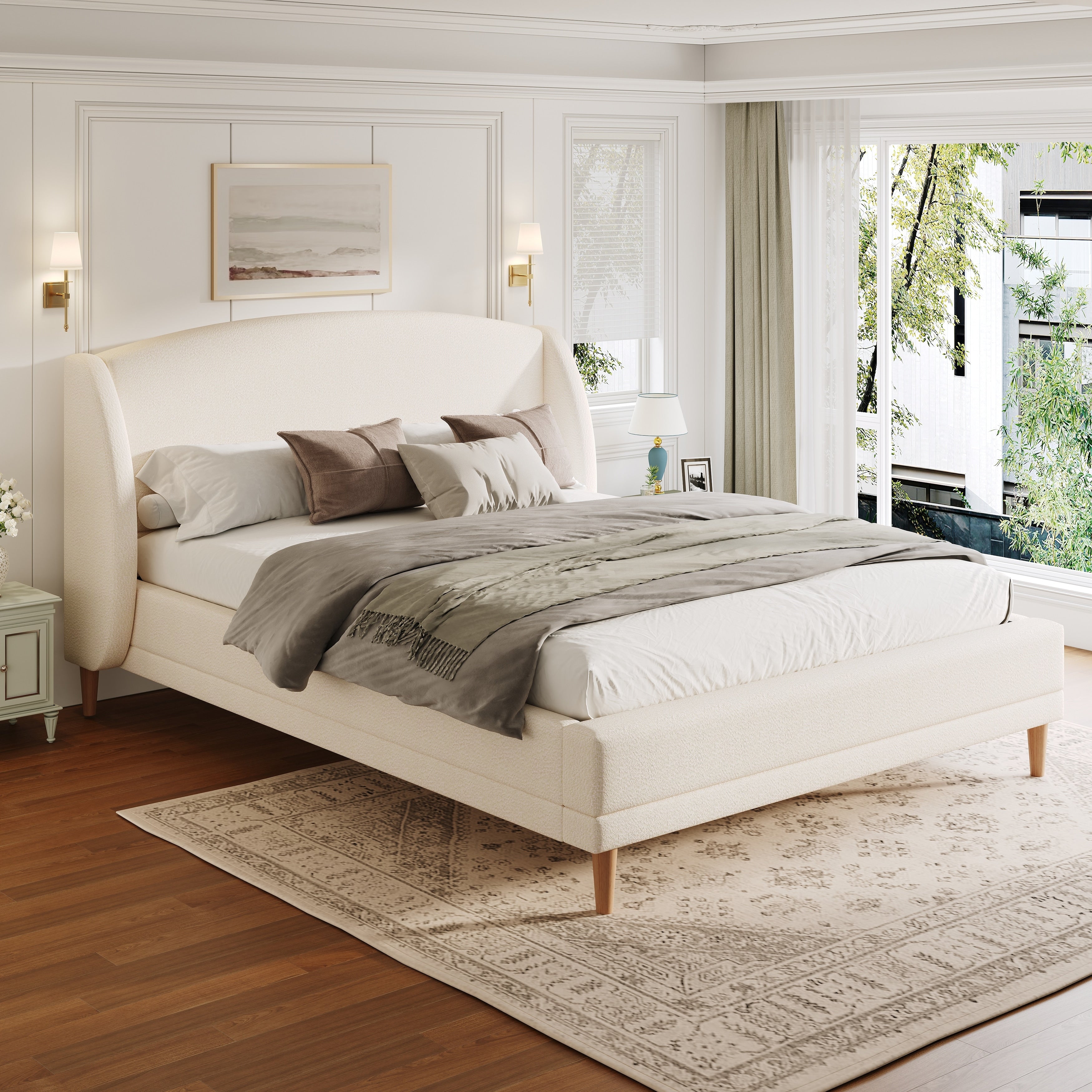 Upholstered Bed Wingback Platform Bed With Boucle Fabric