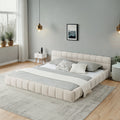 Upholstered Beige Platform Bed Frame With Headboard