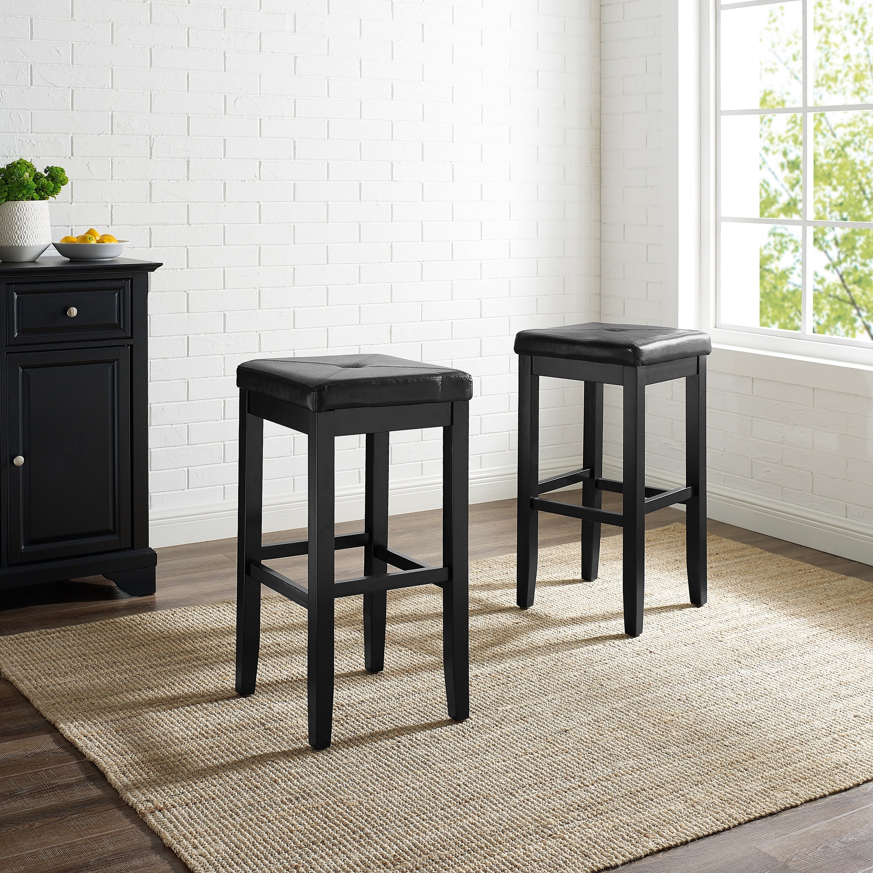 Upholstered Black Finish Square Seat Bar Stool Set Of 2