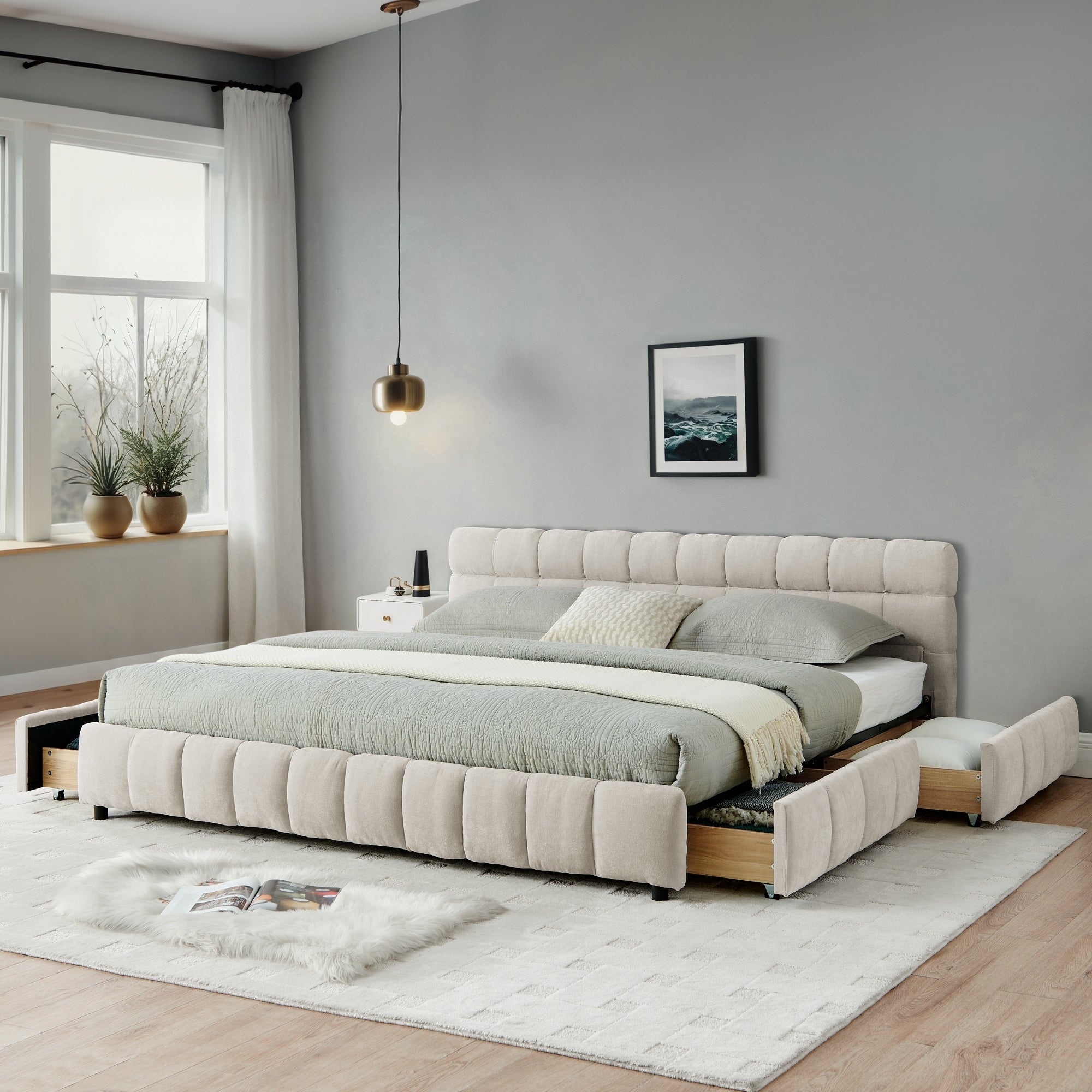 Upholstered California King Bed Frame With Storage Drawers Chenille Headboard