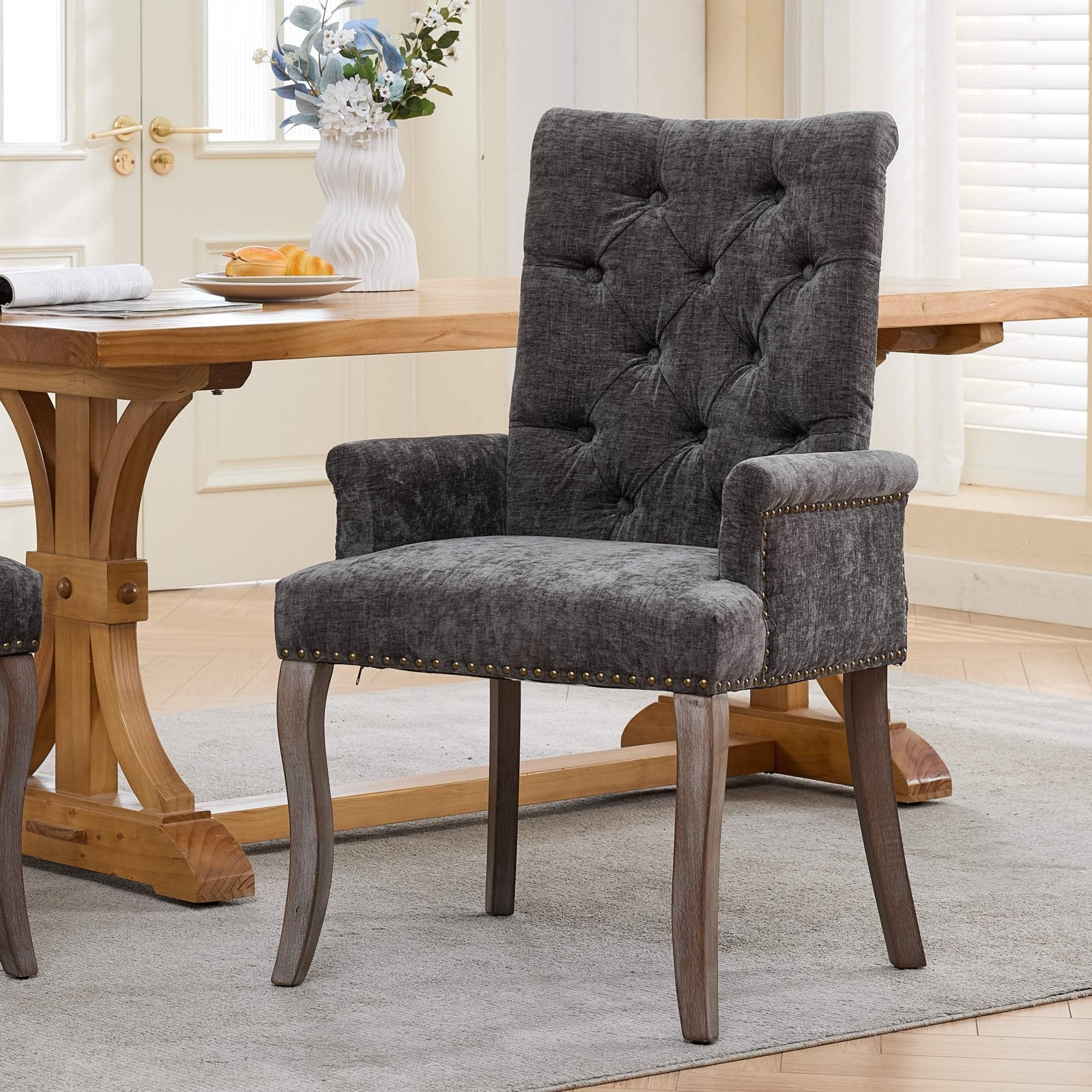 Upholstered Chenille Fabric Accent Dining Chair Curved Solid Wood Legs Elegant Tufted Club Dining Room Kitchen Room Arm
