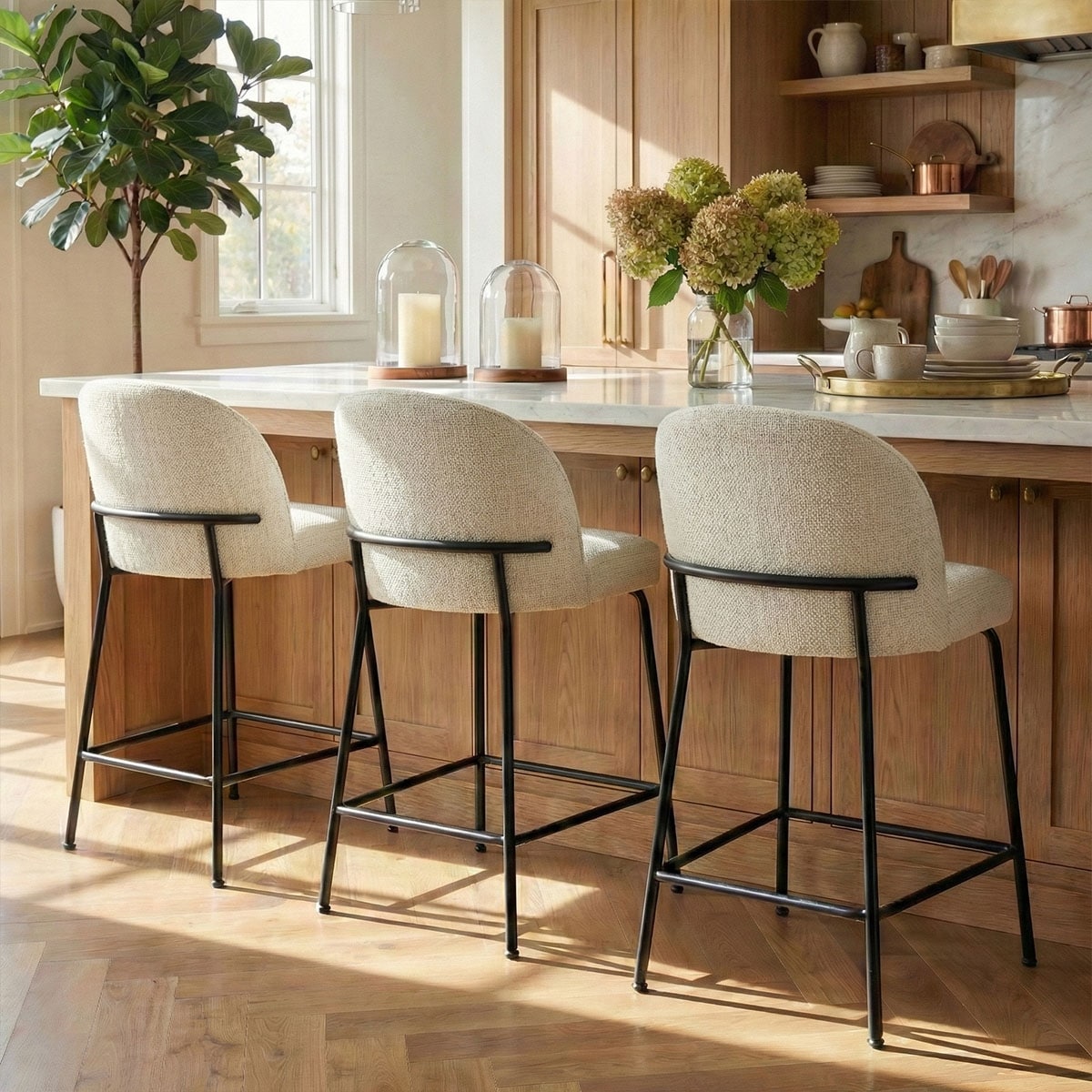 Upholstered Counter Height Bar Stool Set With Curved Back And Metal Frame Set Of 3