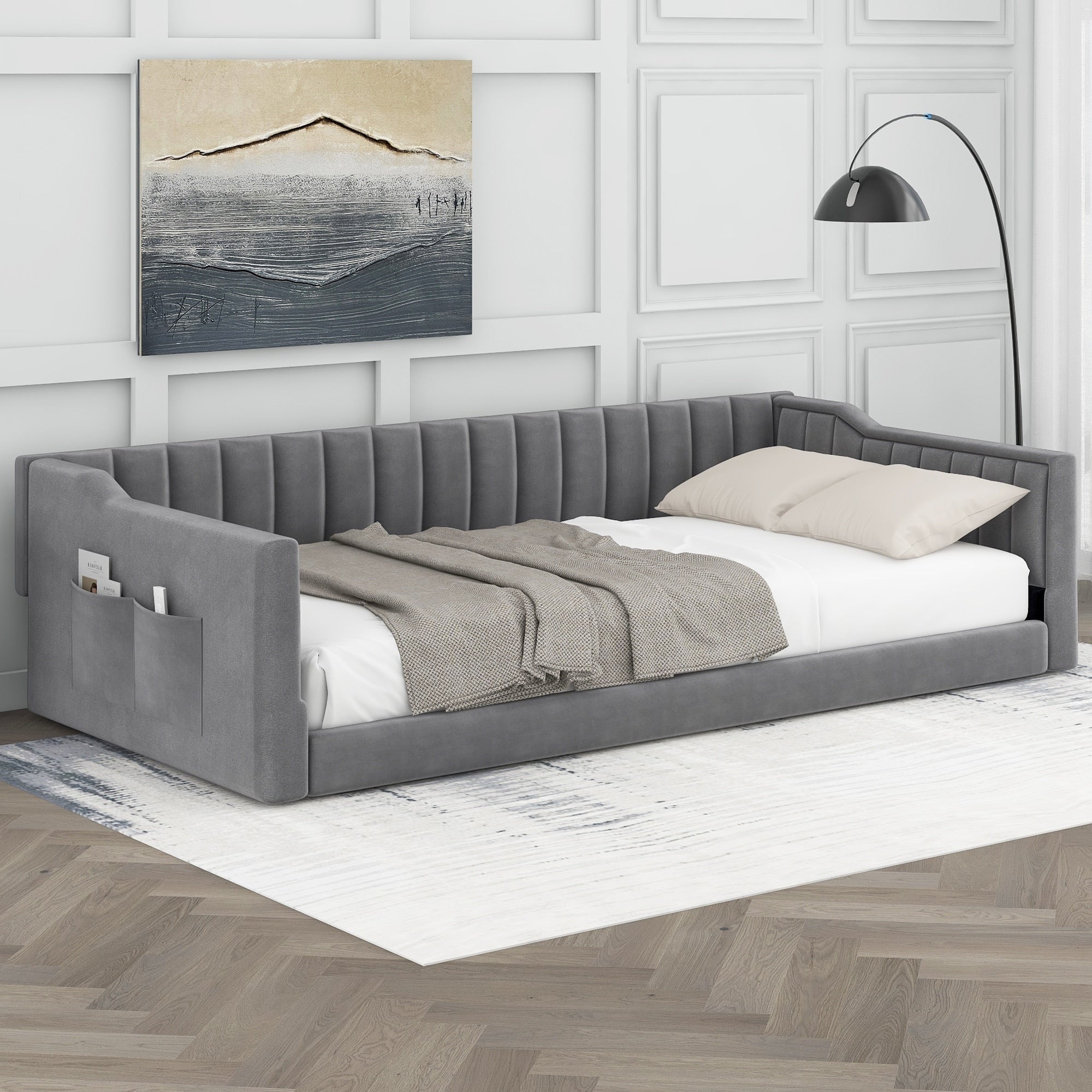 Upholstered Daybed Platform Bed Frame With Side Storage Pocket