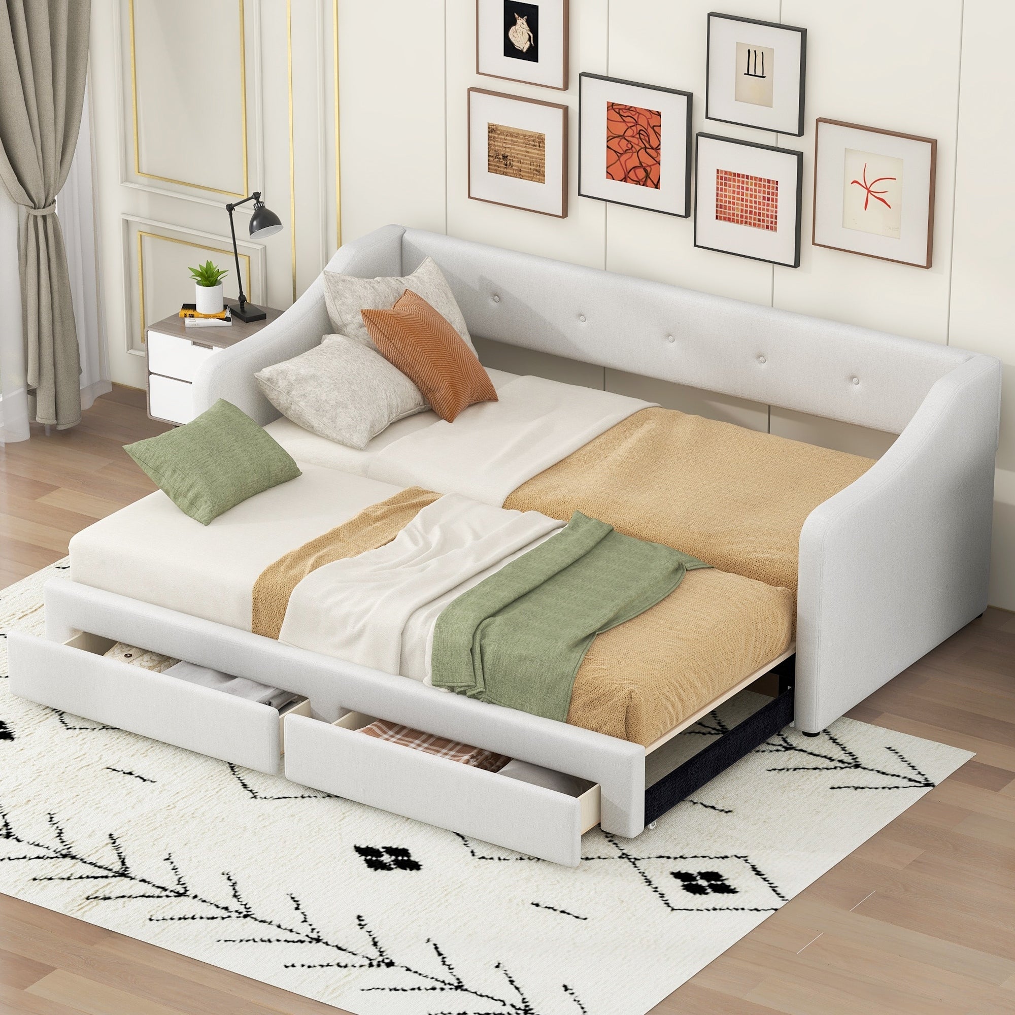 Upholstered Daybed With Pull Out Trundle Bed Storage Drawers