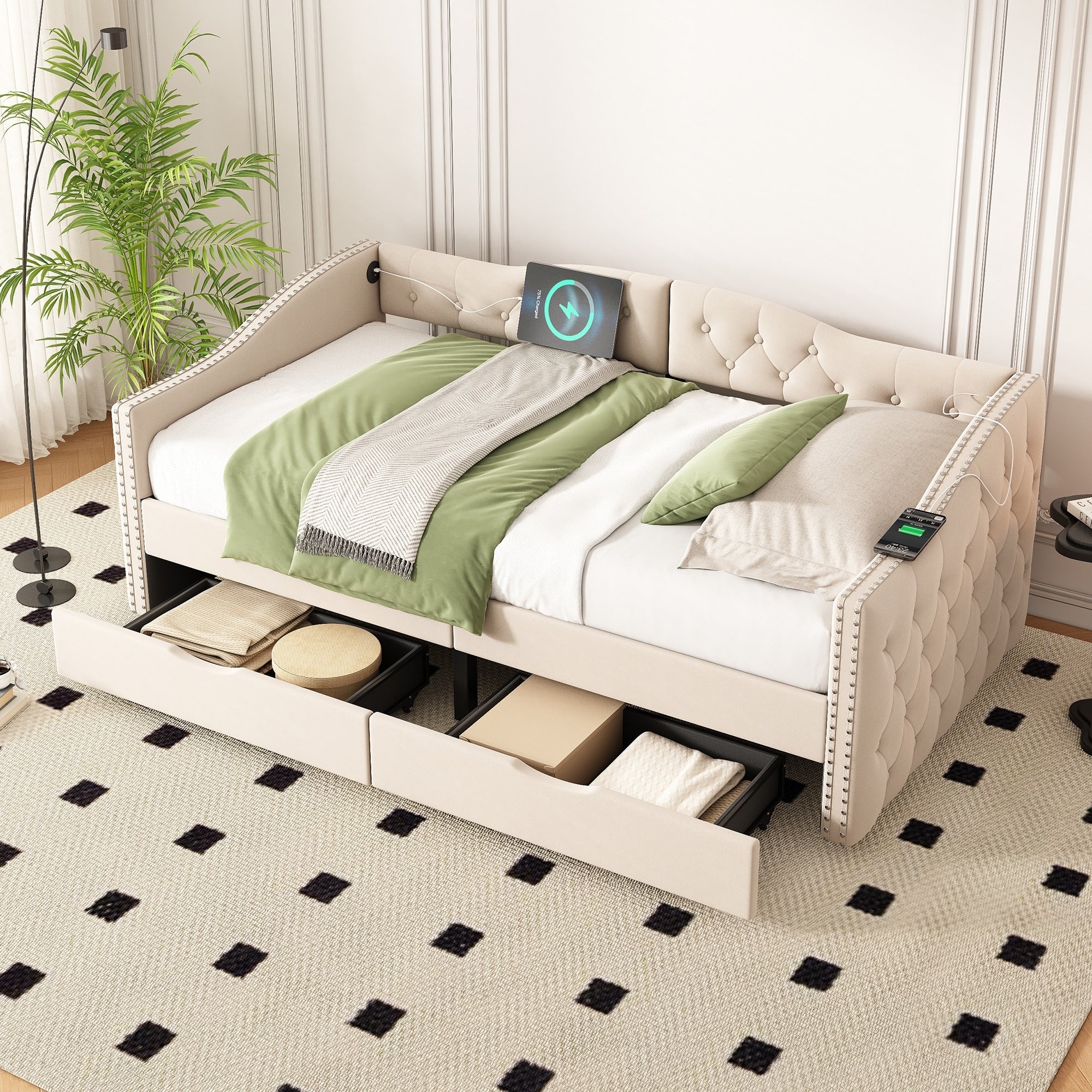 Upholstered Daybed With Storage Drawers Twin Size Wood Daybed No Box Spring Needed