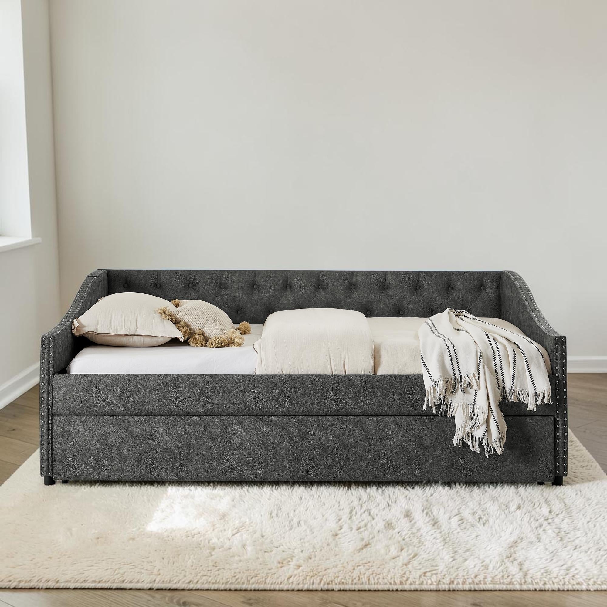 Upholstered Daybed With Trundle And Usb Charging Pull Out Extendable Bed With Tufted Back And Nailhead Arms