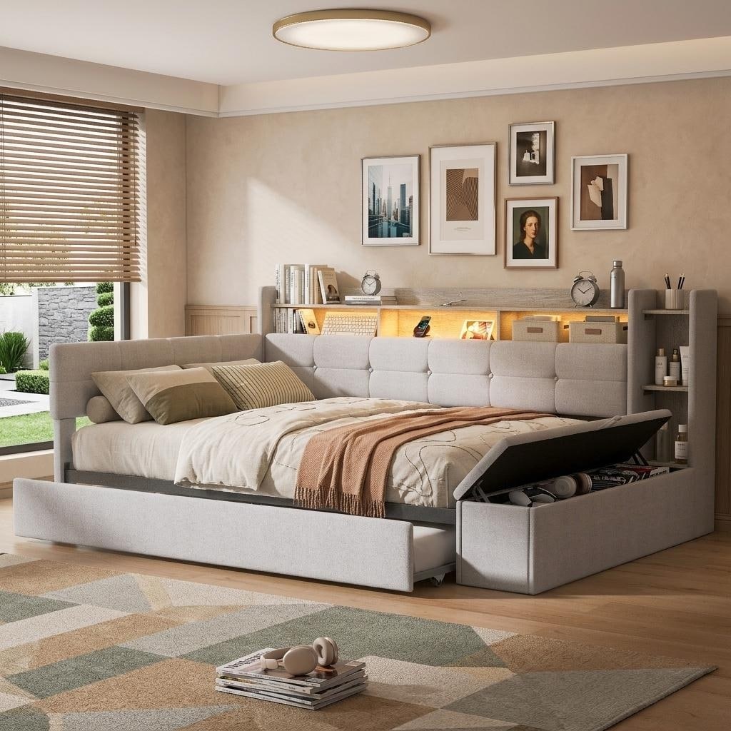 Upholstered Daybed With Trundle Storage Led Usb Charging By Harper Bright Designs