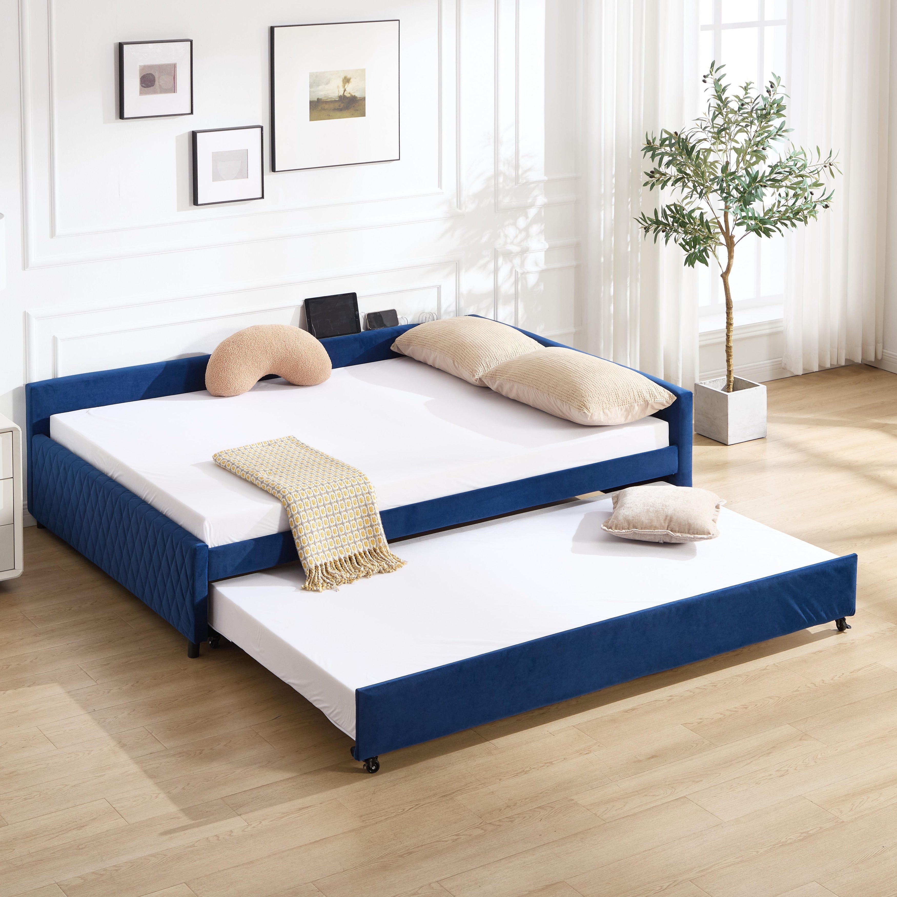 Upholstered Daybed With Trundle Modern Diamond Grid Design On Sturdy Wood Frame For Guest Room