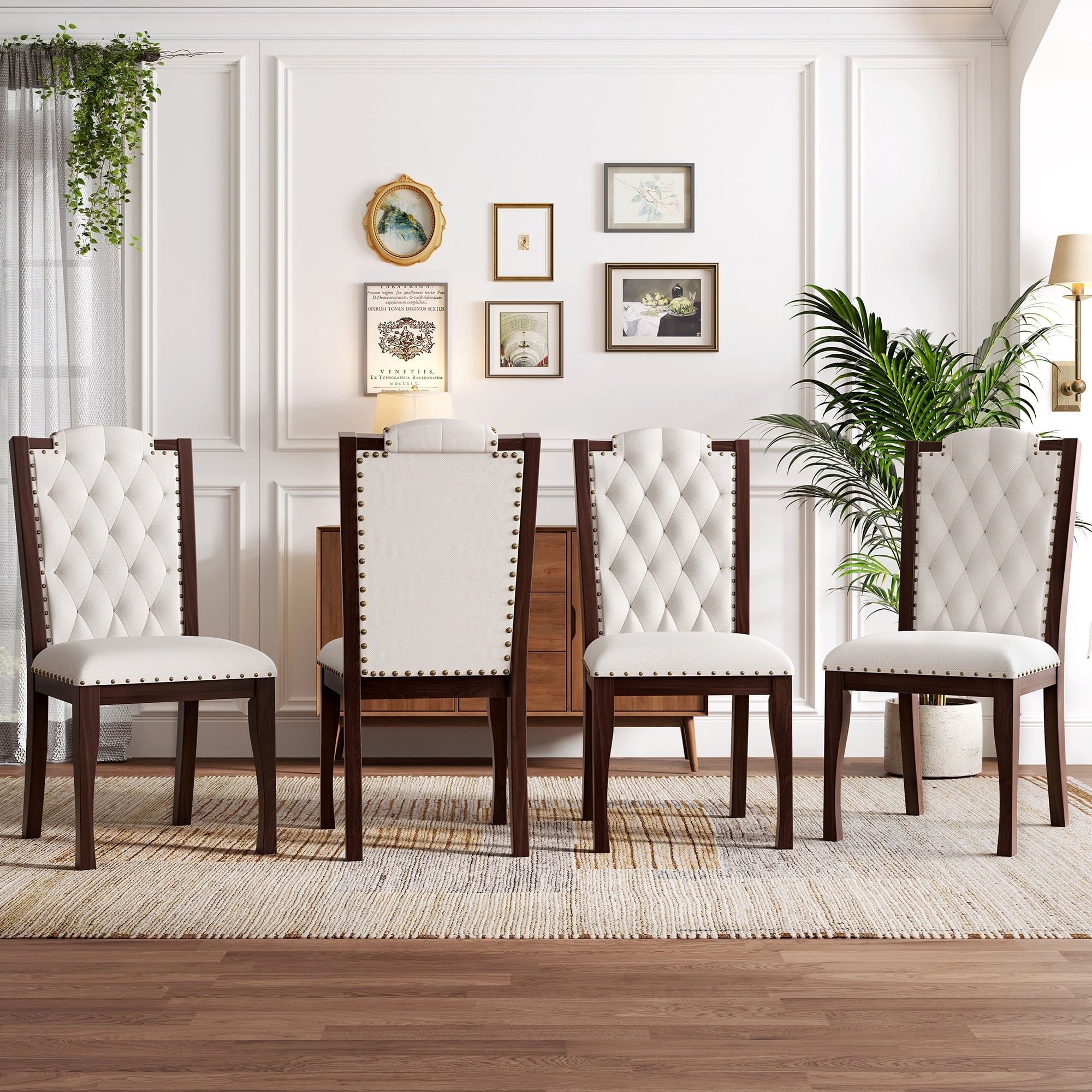 Upholstered Dining Chairs Set Of 4 High Back Diamond Button Tufted Kitchen Chairs With Solid Wood Legs And Nailhead Trims