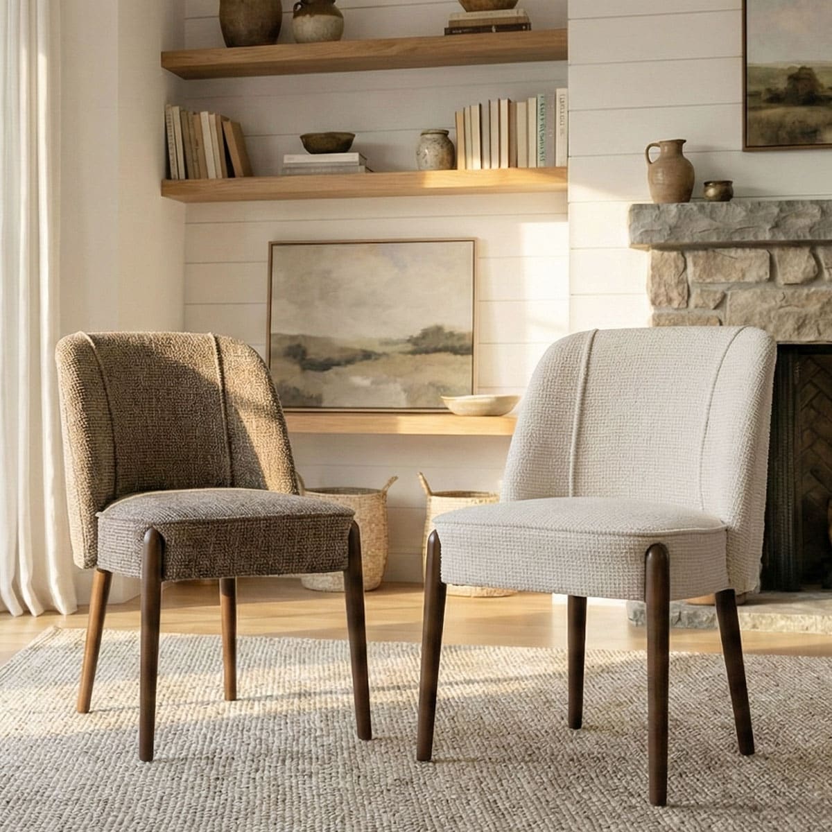 Upholstered Dining Chairs With Wood Legs And Curved Back Textured Fabric Set Of 2