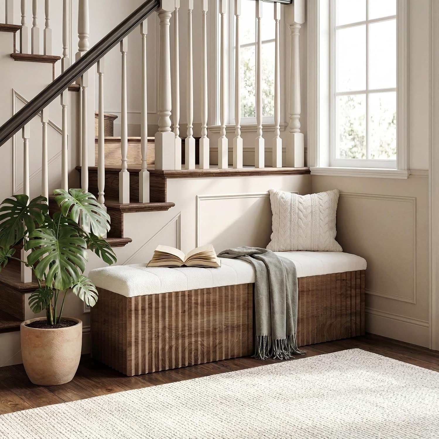 Upholstered End Of Bed Storage Bench 63 Farmhouse Wooden Entryway Bench With Cushion Padded Ottoman