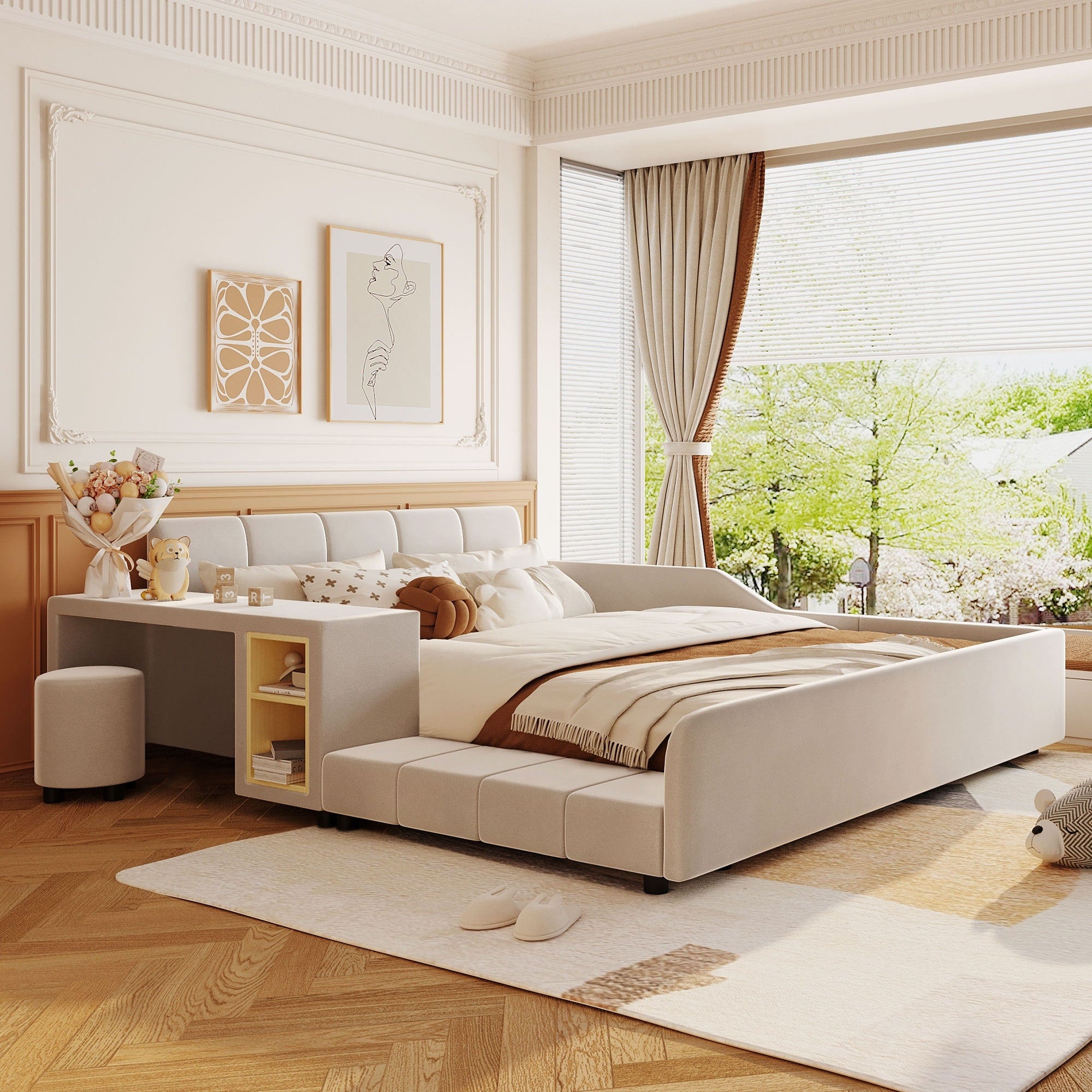 Upholstered Grounded Bed Mother Child Bed With Bedside Desk And Little Round Stool
