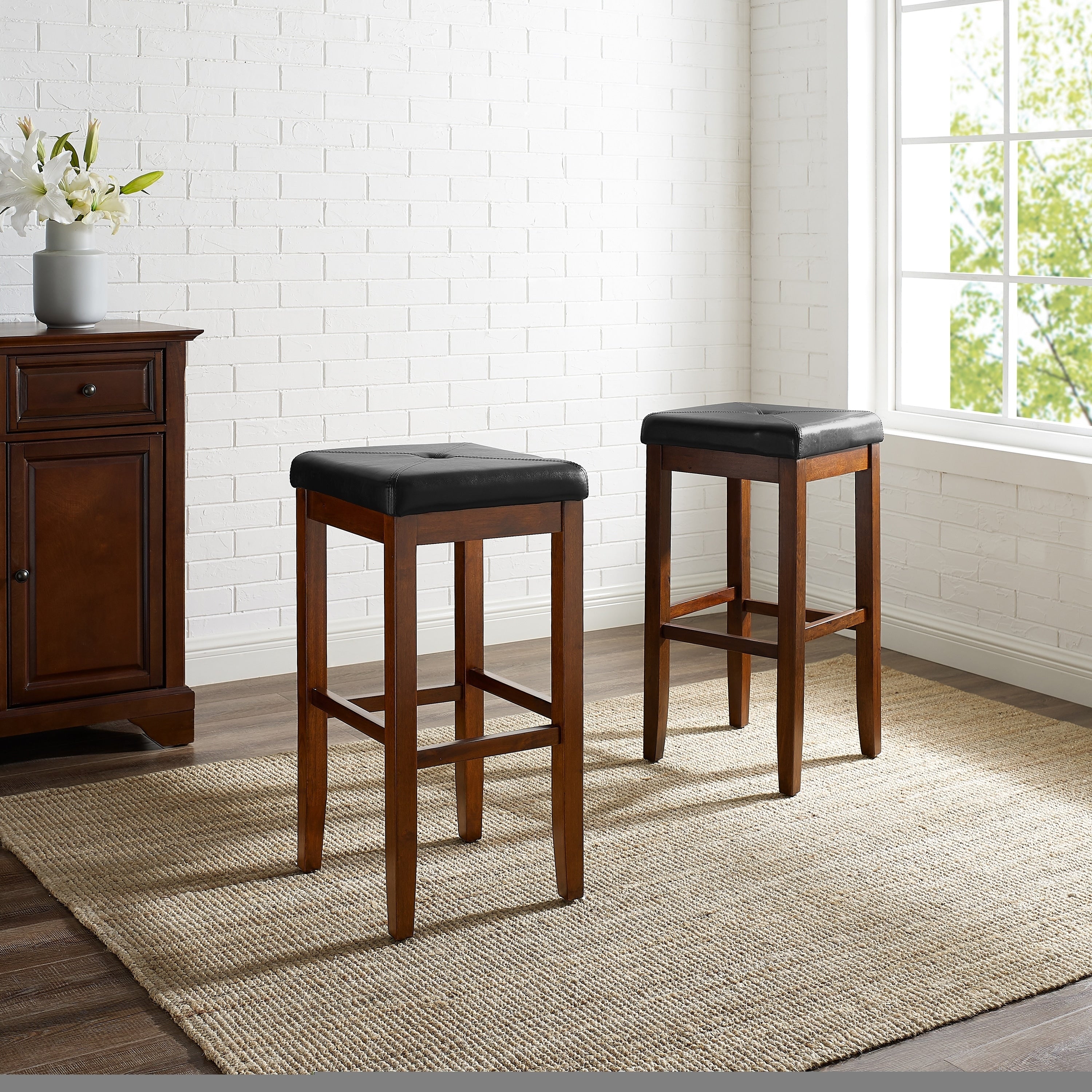 Upholstered Mahogany 29 Inch Square Seat Bar Stools Set Of 2