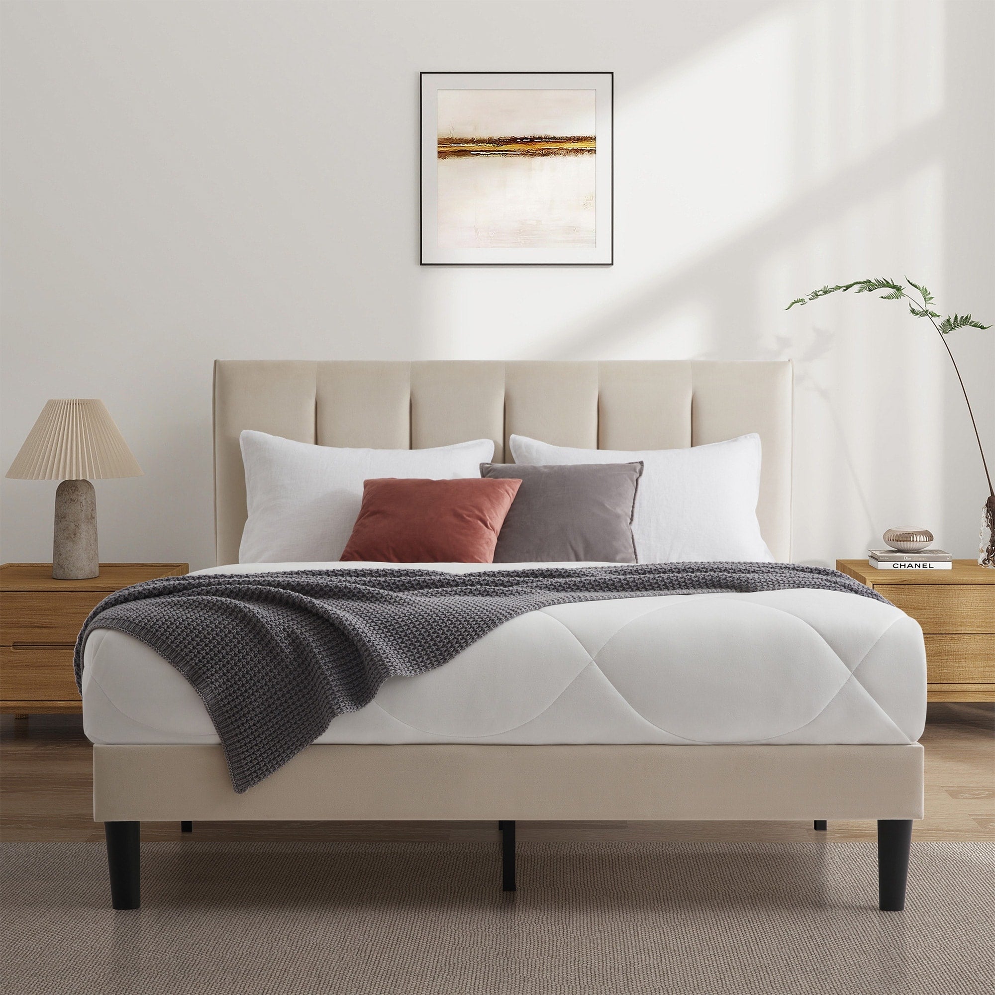 Upholstered Platform Bed Frame With Vertical Stripe Headboard