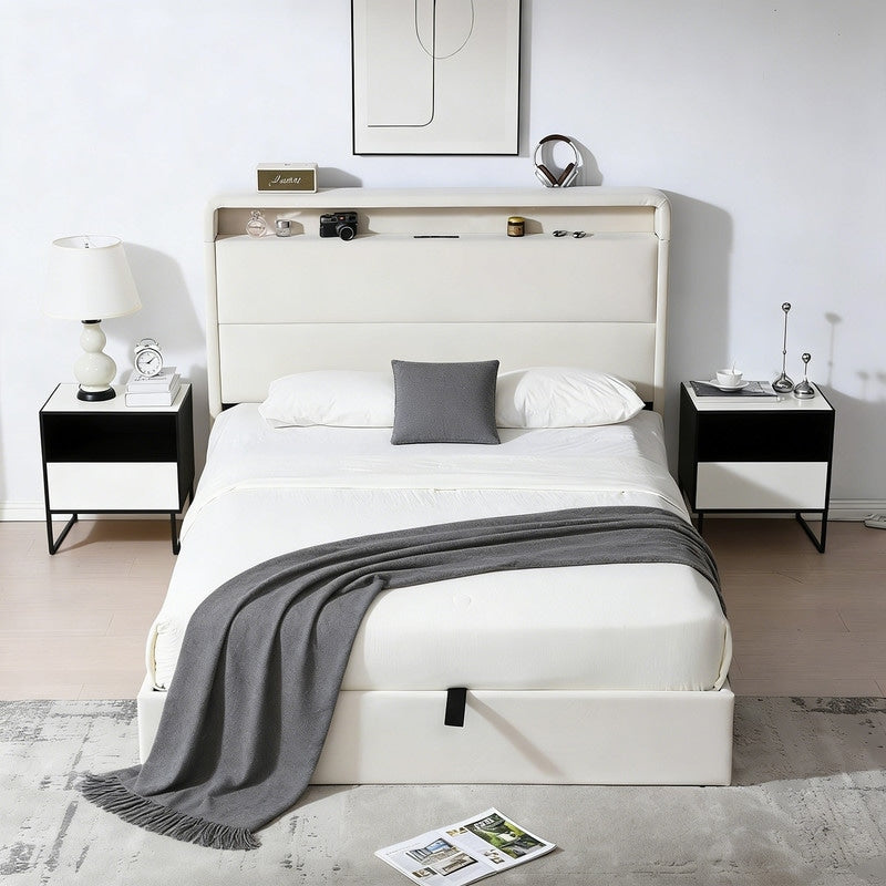 Upholstered Platform Bed With Charging Station Led Lights