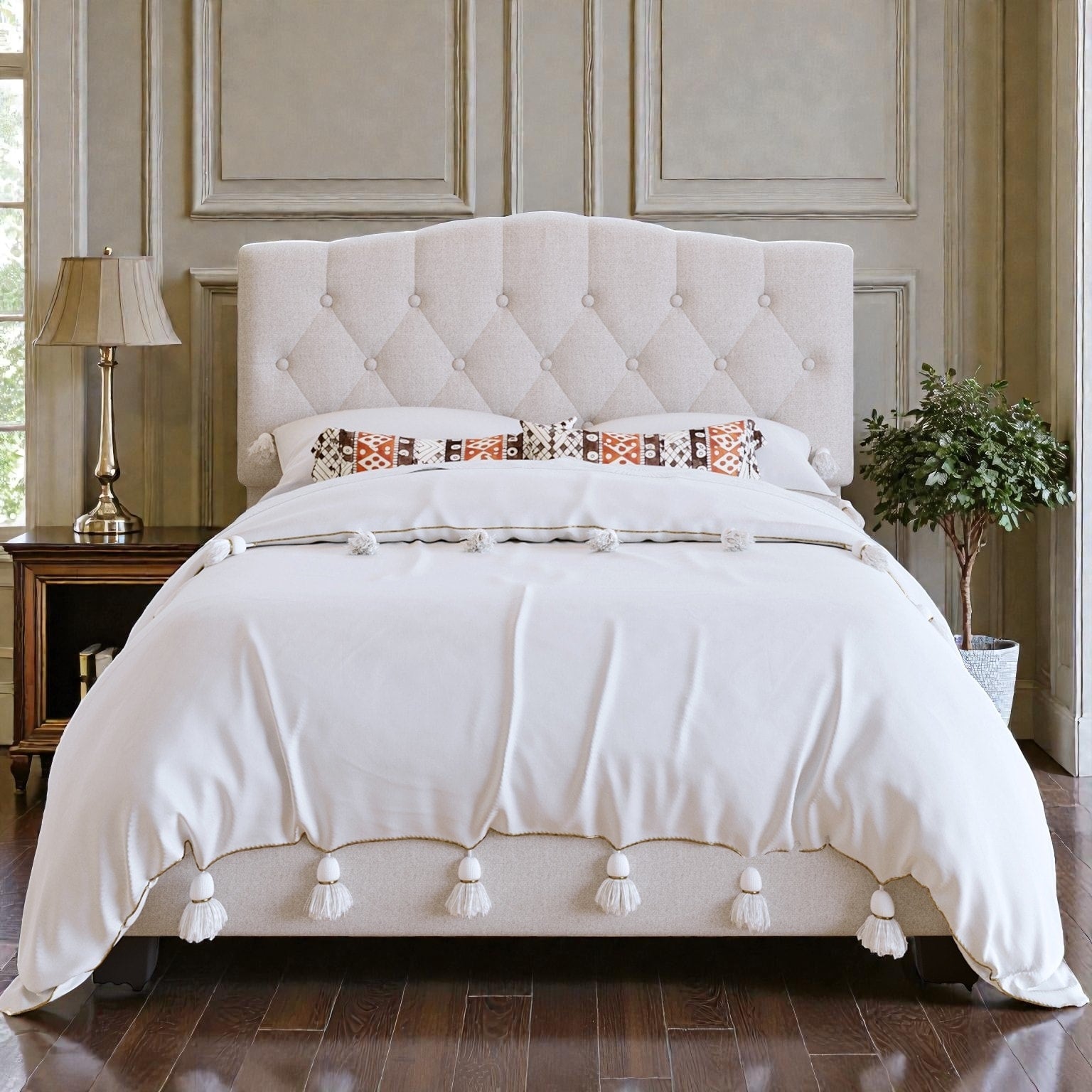 Upholstered Platform Bed With Adjustable Saddle Curved Diamond Tufted Headboard Wooden Slats And Metal Support