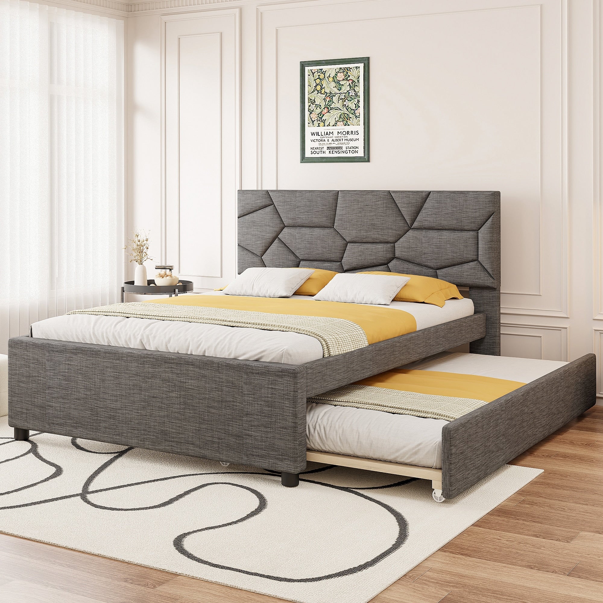Upholstered Platform Bed With Brick Pattern Headboard And Twin Xl Size Trundle