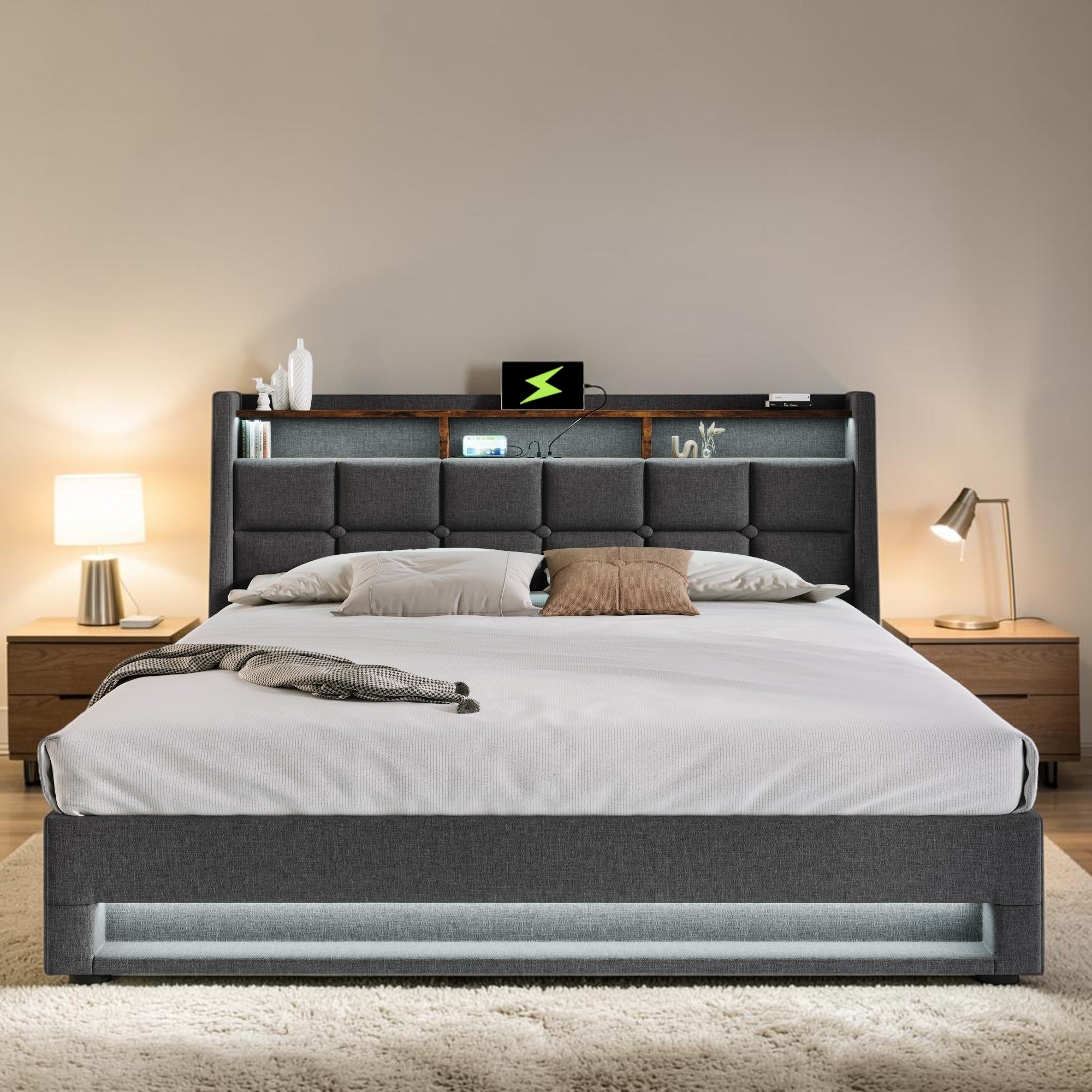 Upholstered Platform Bed With Hydraulic Storage Led Lights And Usb Charging Linen Bed Frame
