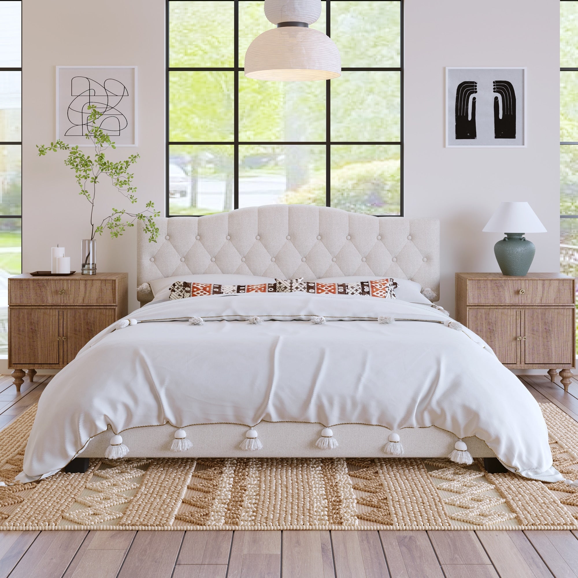 Upholstered Platform Bed With Saddle Curved Adjustable Headboard And Diamond Tufted Details