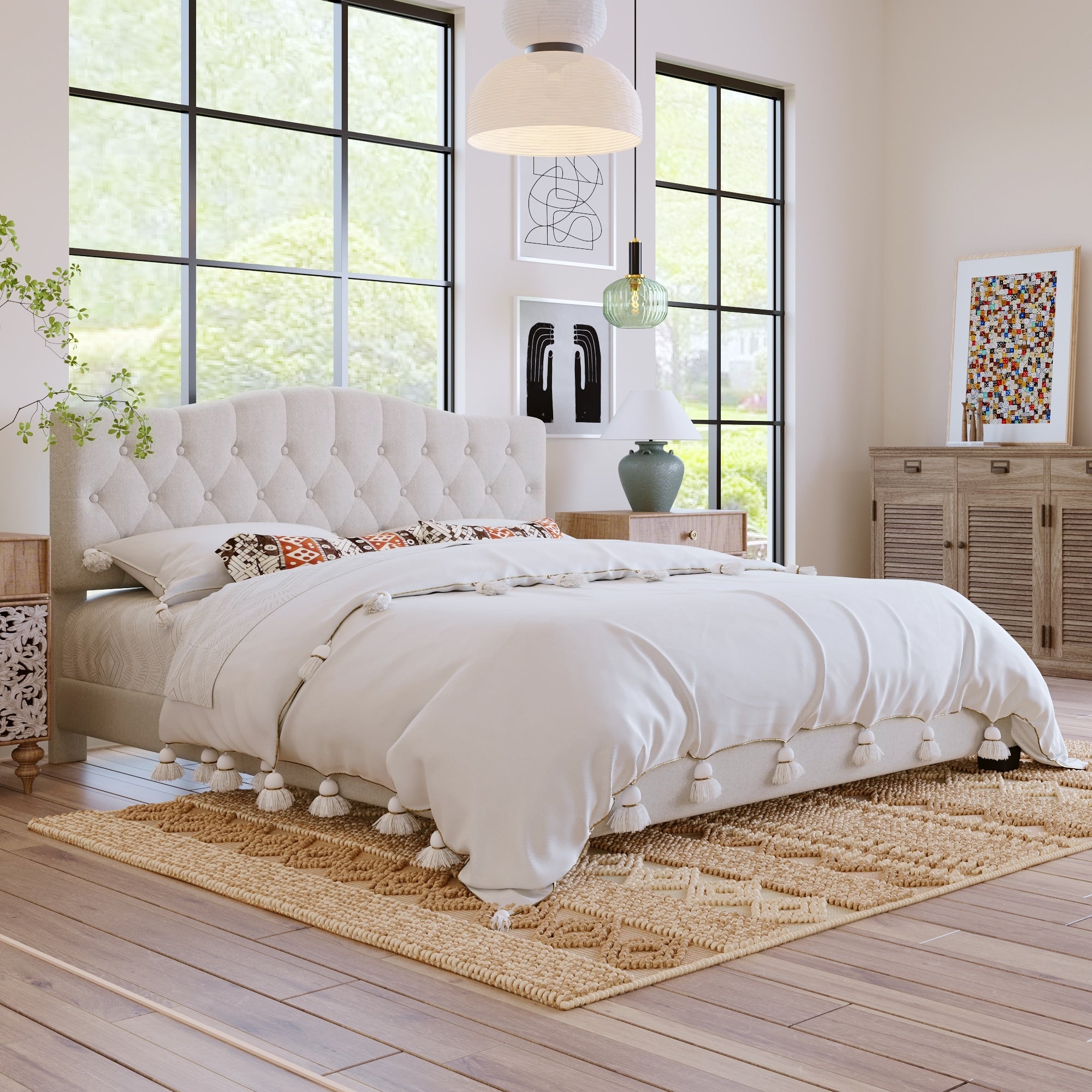 Upholstered Platform Bed With Saddle Curved Adjustable Headboard