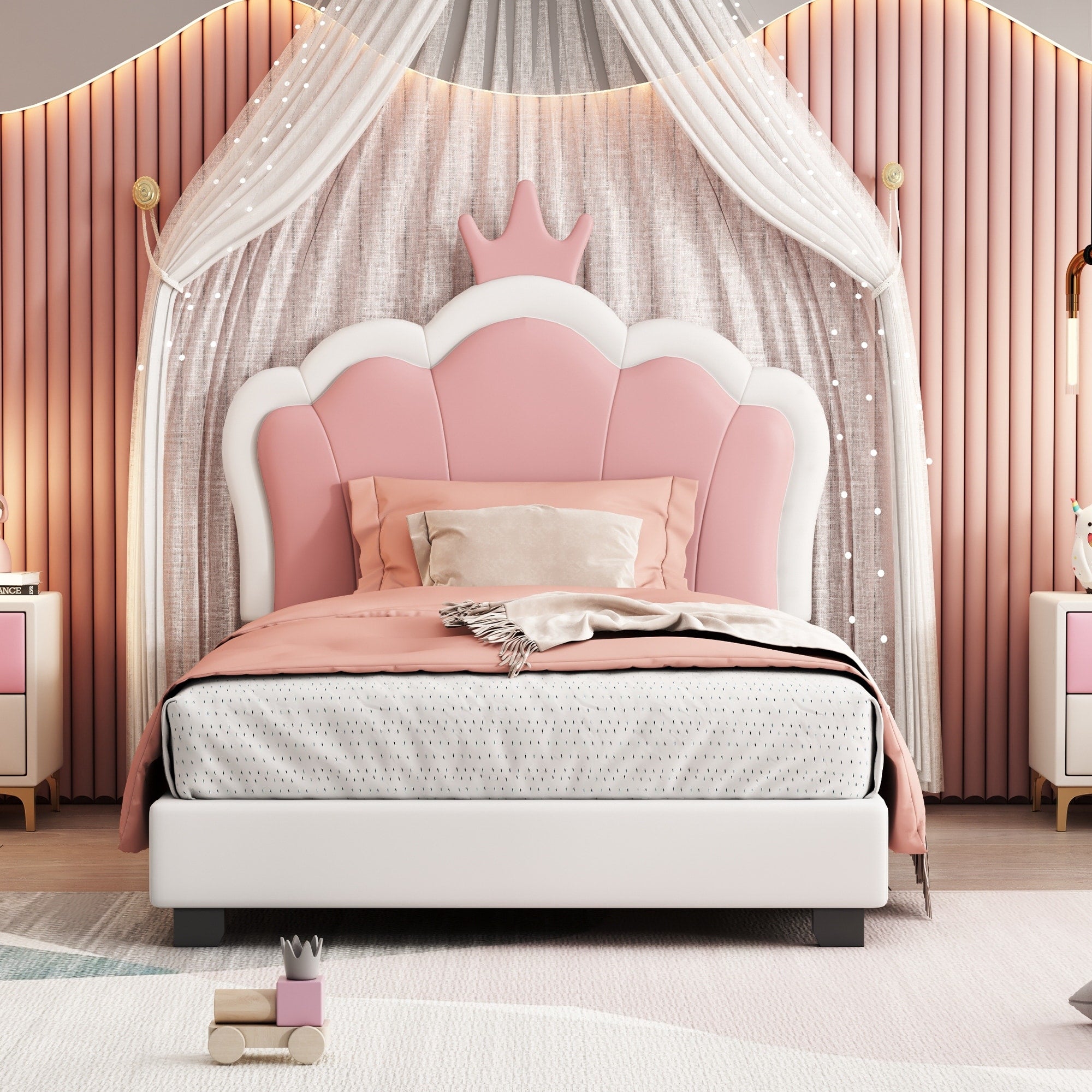 Upholstered Princess Bed With Crown Headboard And Platform Design